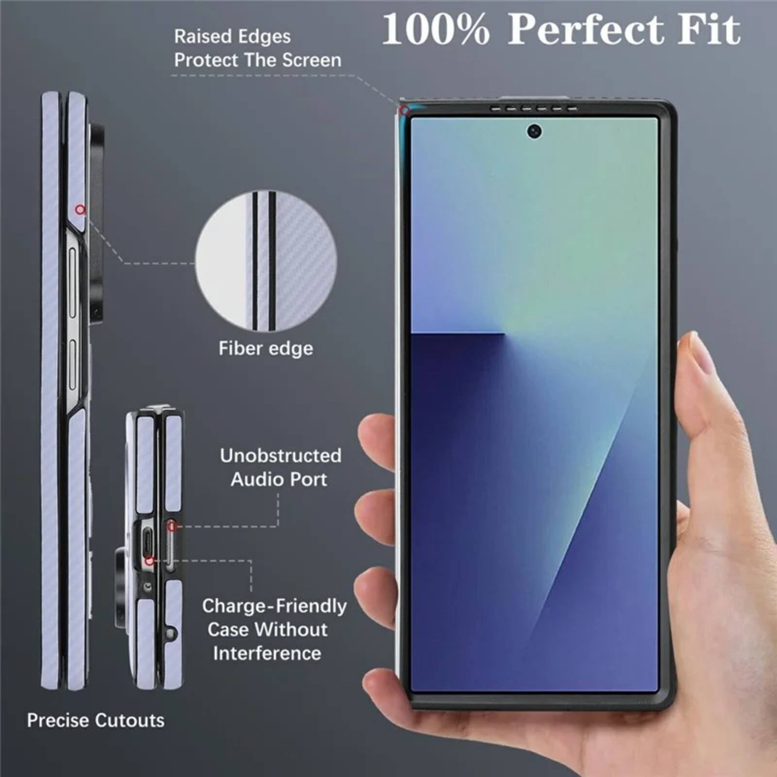Raised Edges 100% Perfect Fit Protect The Screen  
Fiber edge  
Unobstructed Audio Port  
Charge-Friendly Case Without Interference  
Precise Cutouts