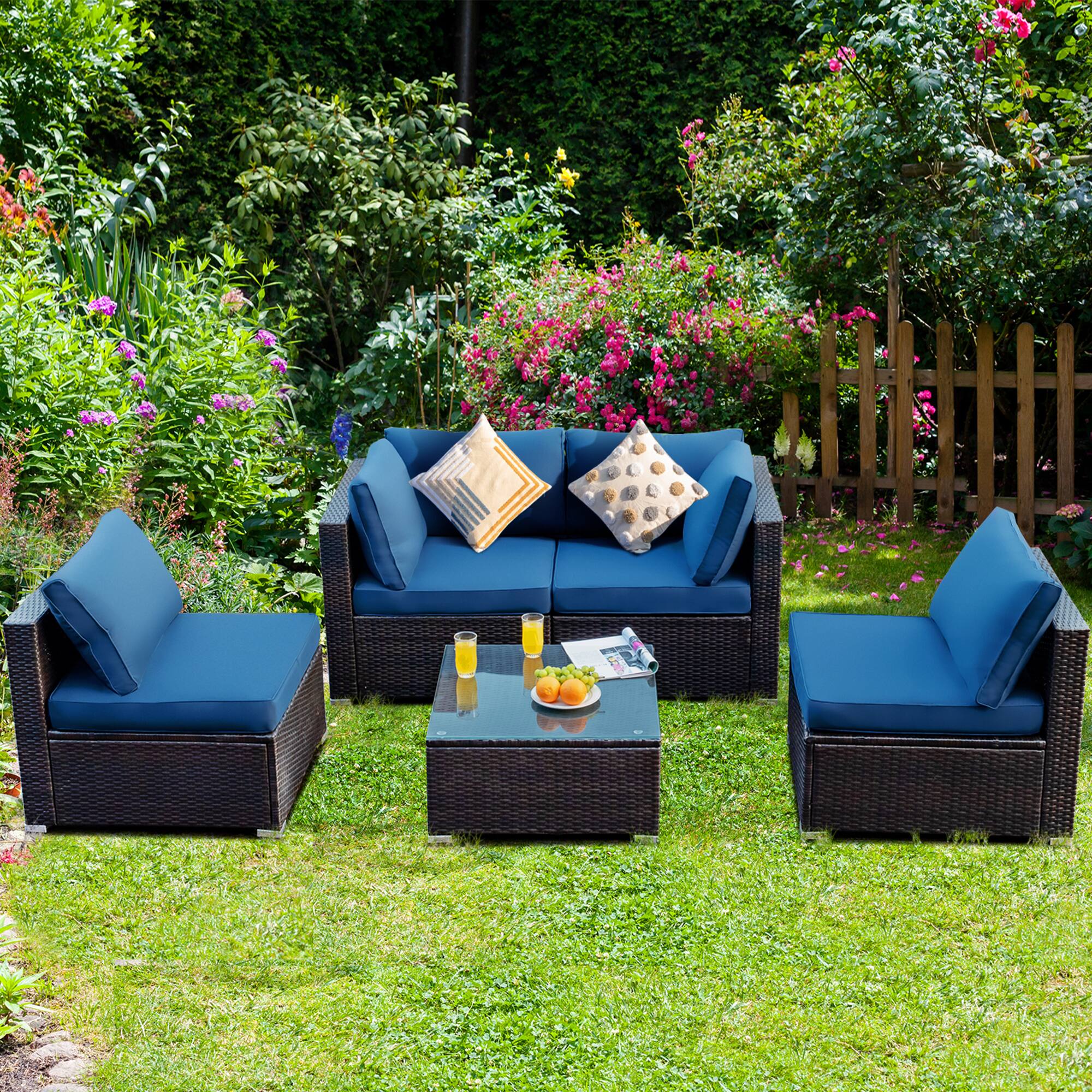Alt View 2. Gymax - Gymax 5PCS Rattan Patio Conversation Set Sofa Furniture Set w/ Navy Cushions - Mix brown.