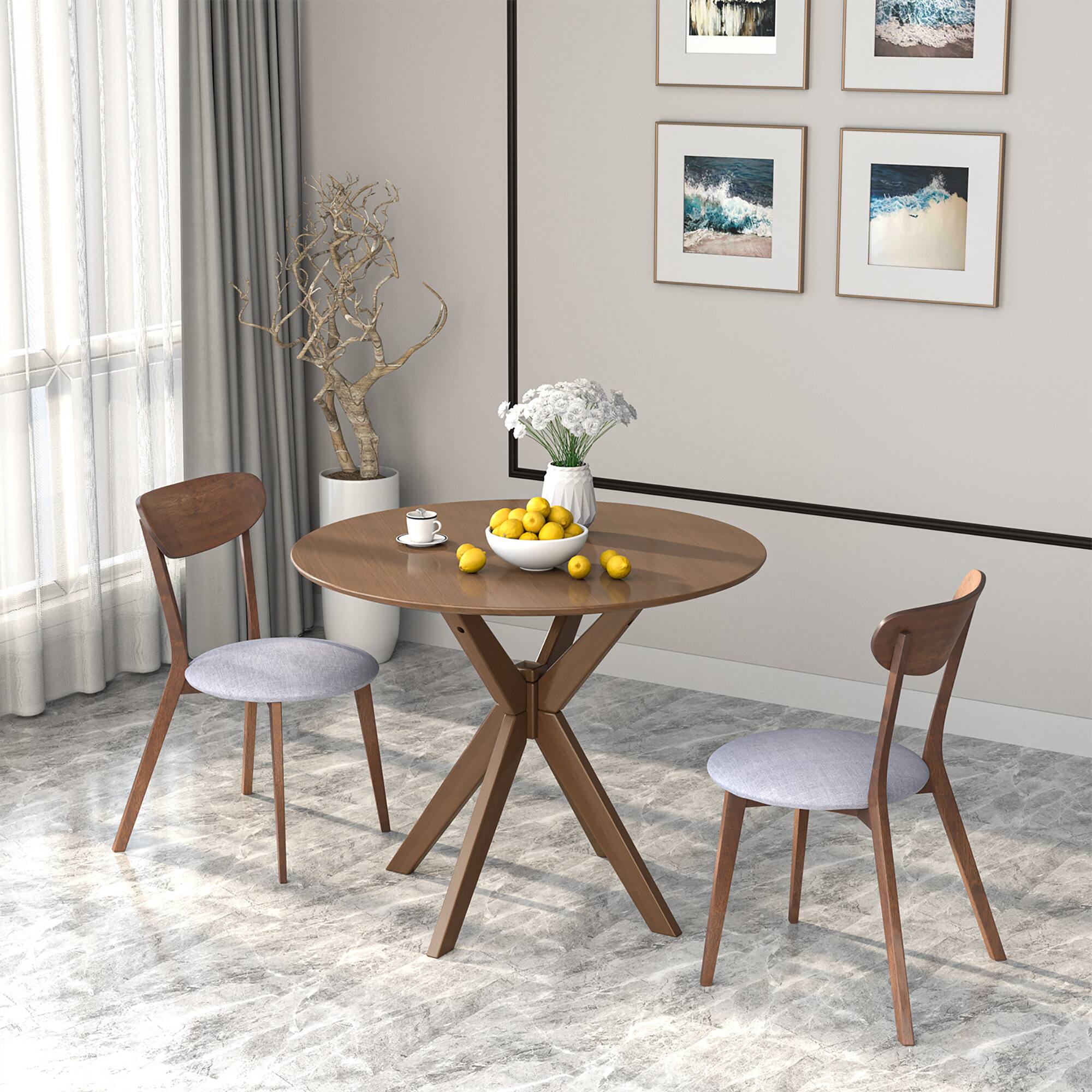 Alt View 1. Costway - Costway 3 PCS Dining Table Set Modern Round Kitchen Table and Chairs Set for Dining Room - Walnut.