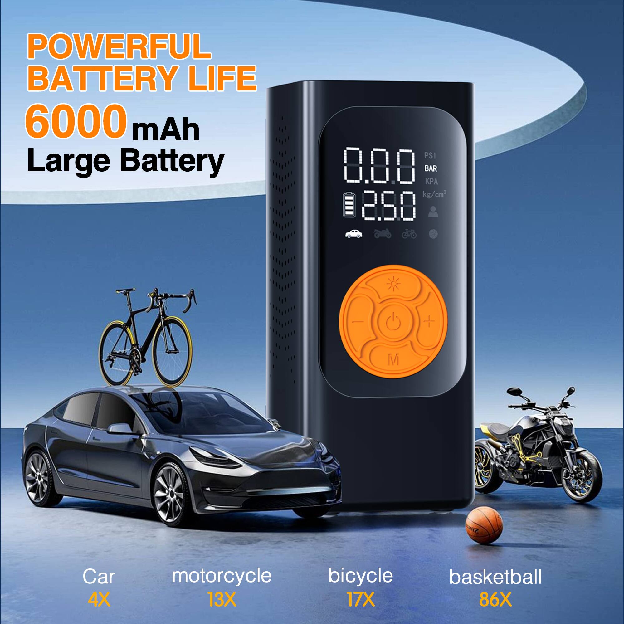 POWERFUL BATTERY LIFE  
6000 mAh  
Large Battery  

Car 4X  
motorcycle 13X  
bicycle 17X  
basketball 86X  

8.8.8 BAR  
2.90 kg/cm²