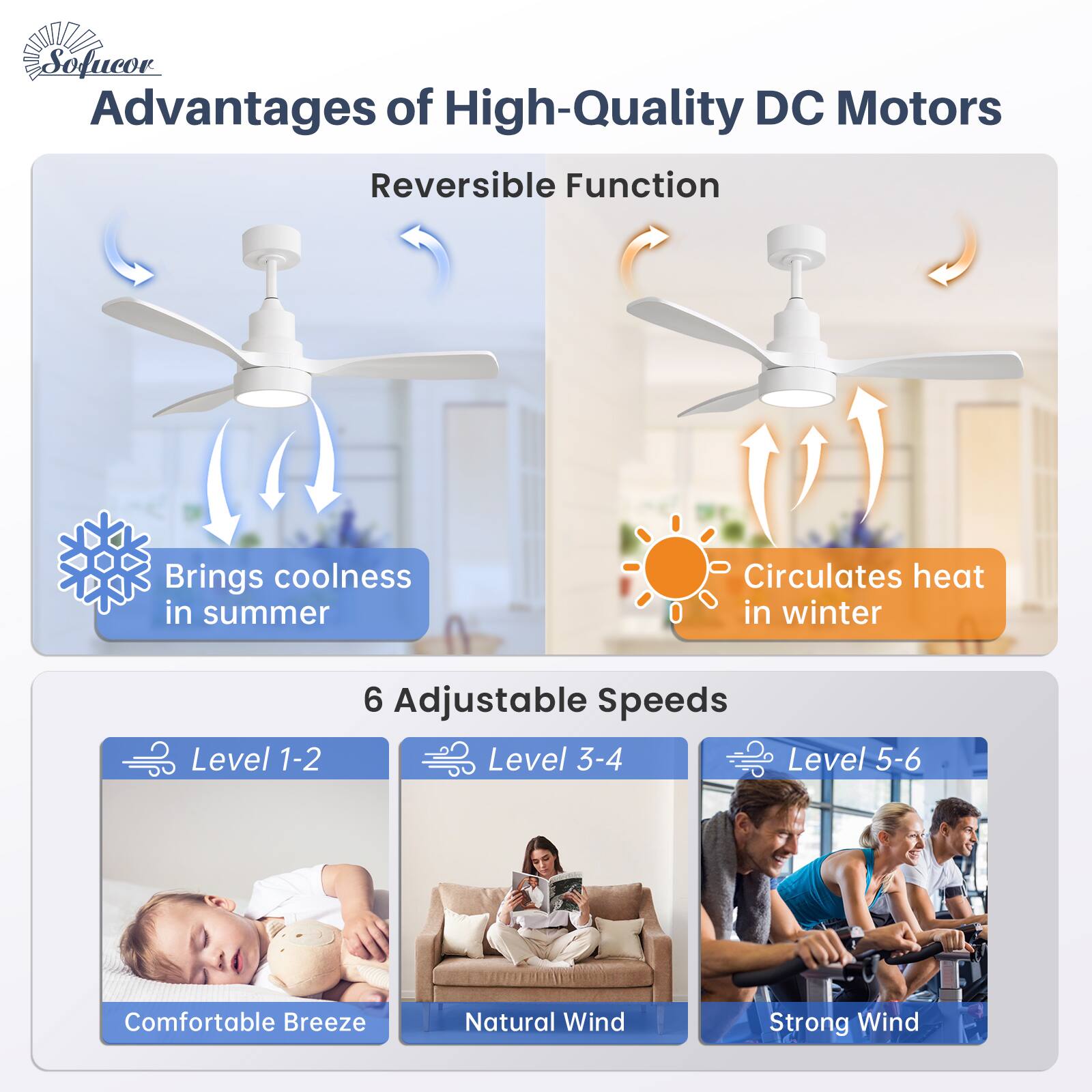 Advantages of High-Quality DC Motors

Reversible Function
- Brings coolness in summer
- Circulates heat in winter

6 Adjustable Speeds
- Level 1-2: Comfortable Breeze
- Level 3-4: Natural Wind
- Level 5-6: Strong Wind