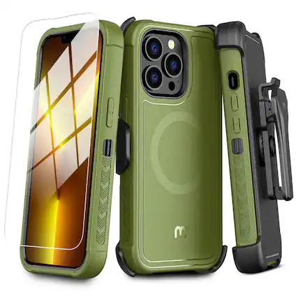 Front. Mybat Pro - MyBat Pro Maverick Series MagSafe Case with Holster and Tempered Glass for Apple iPhone 13 Pro (6.1) - Army Green - Army Green.