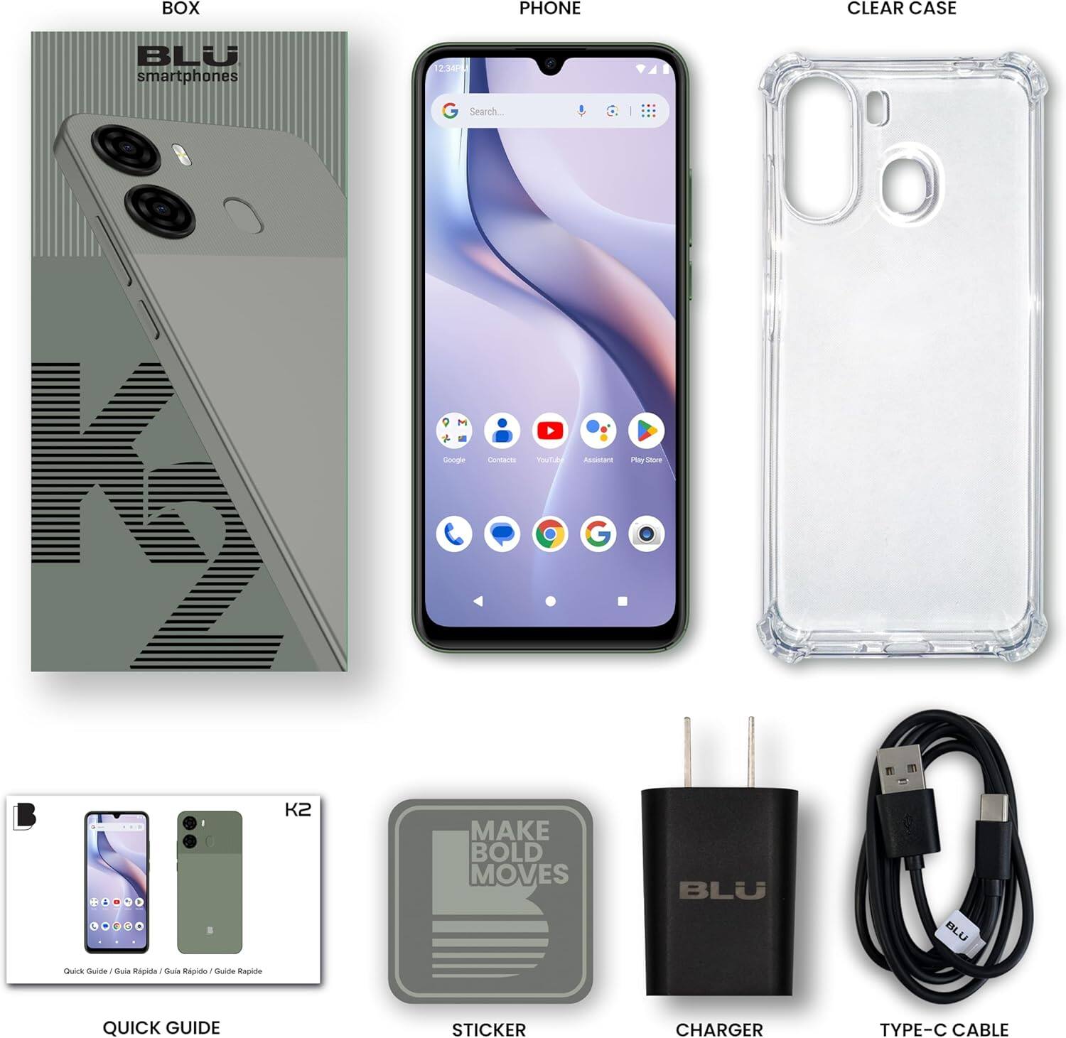 BOX PHONE CLEAR CASE BLU smartphones 2:34P G Search. M Doogle coar mtad Ae Pay SA . - - - I K2 MAKE BOLD MOVES BLU BL.LJ Gs Sude Bula Rapida Dulo Ragrido Guioe RAA QUICK GUIDE STICKER CHARGER TYPE-C CABLE