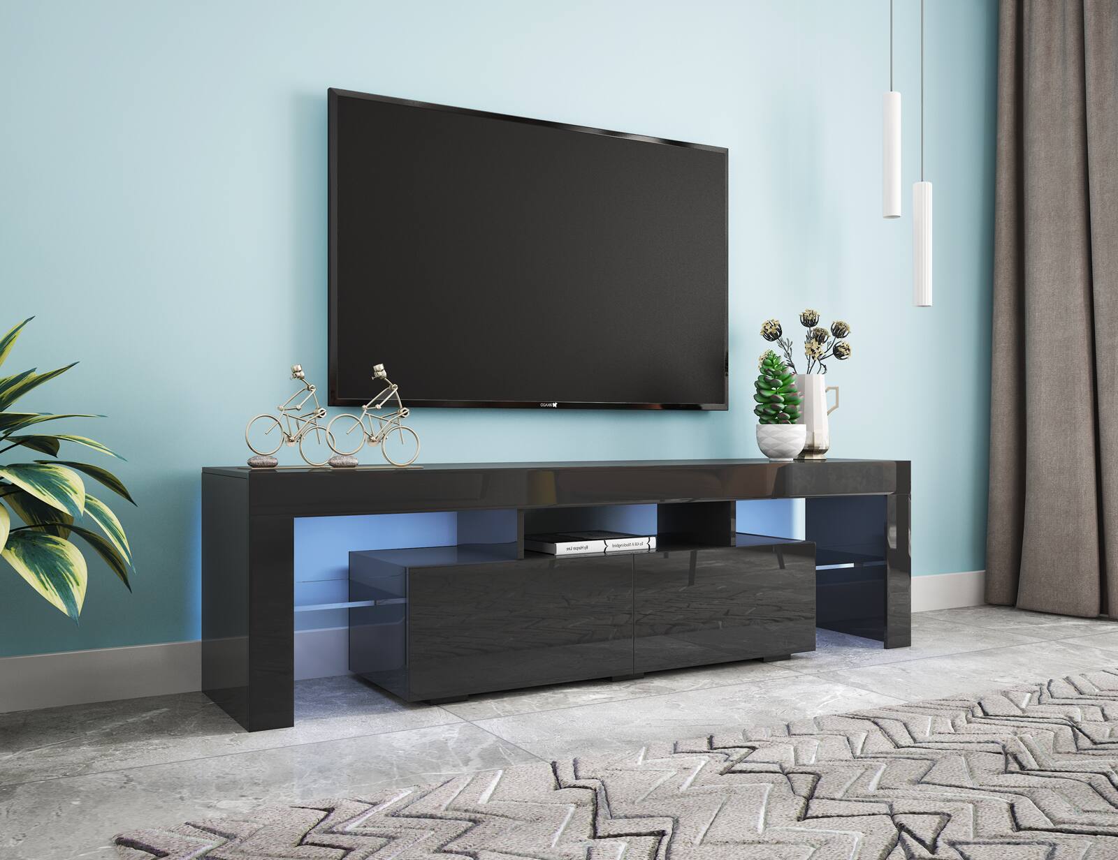 Angle. GOODSILO - Modern Entertainment Center with LED Lights, Fits Up to 70 Inch TVs - Black.