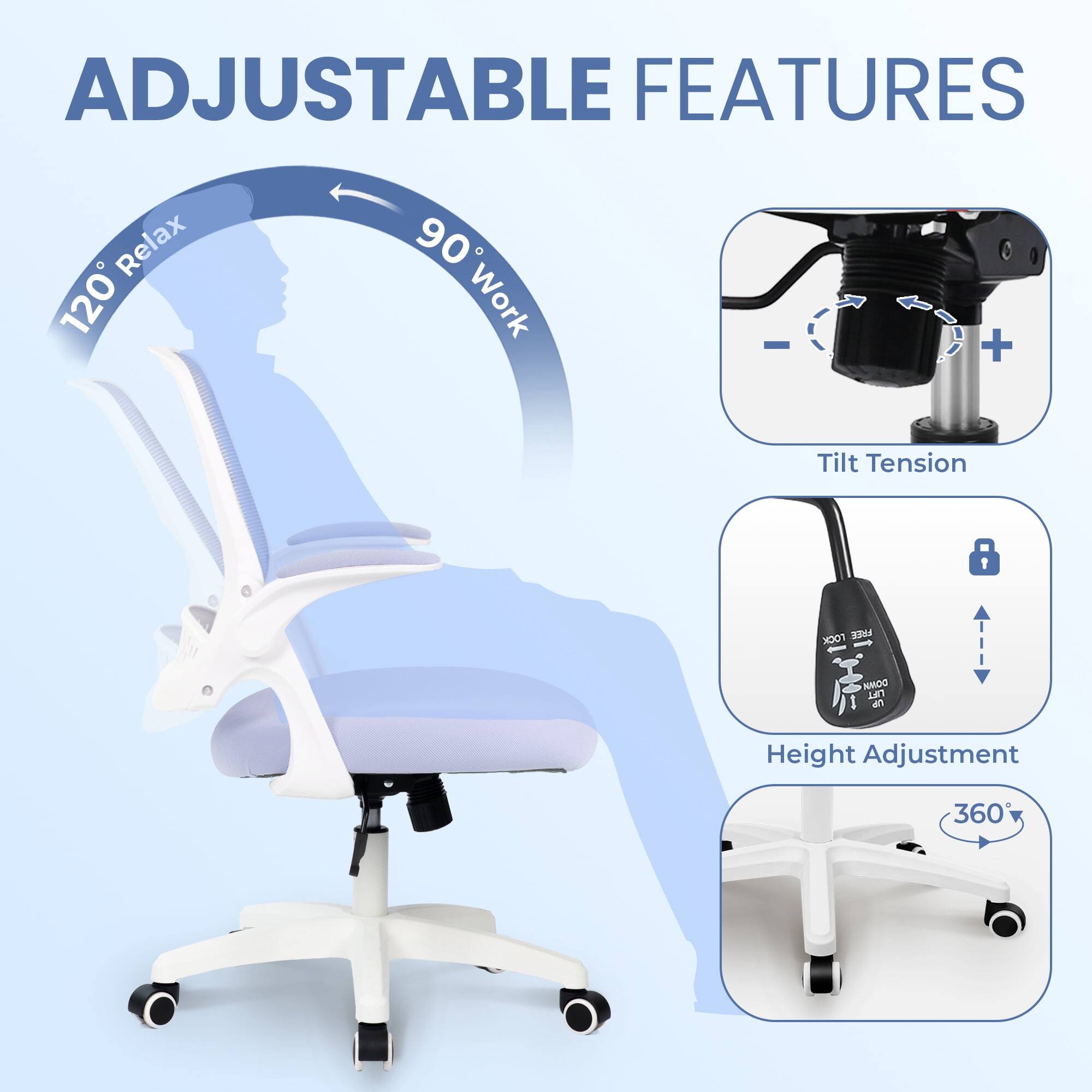 ADJUSTABLE FEATURES

- 120° Relax
- 90° Work
- Tilt Tension
- Height Adjustment
- 360°