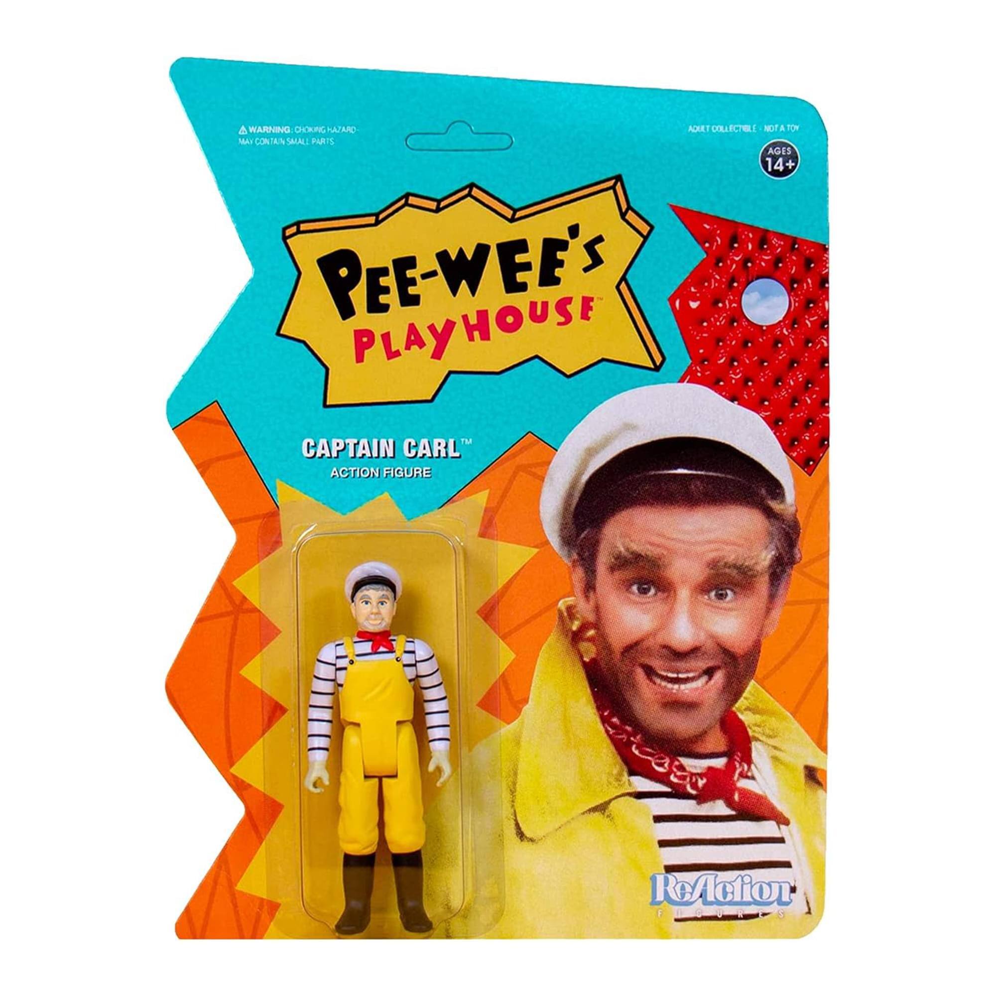 A WARNING CHOKING HAZARD AQUET ORLECTILE NOTA A TOY MAY CONTAIN SMALL PARTS AGES 14+ PEE-WEE'S PLAYHOUSE TM CAPTAIN CARL ACTION FIGURE ReAction