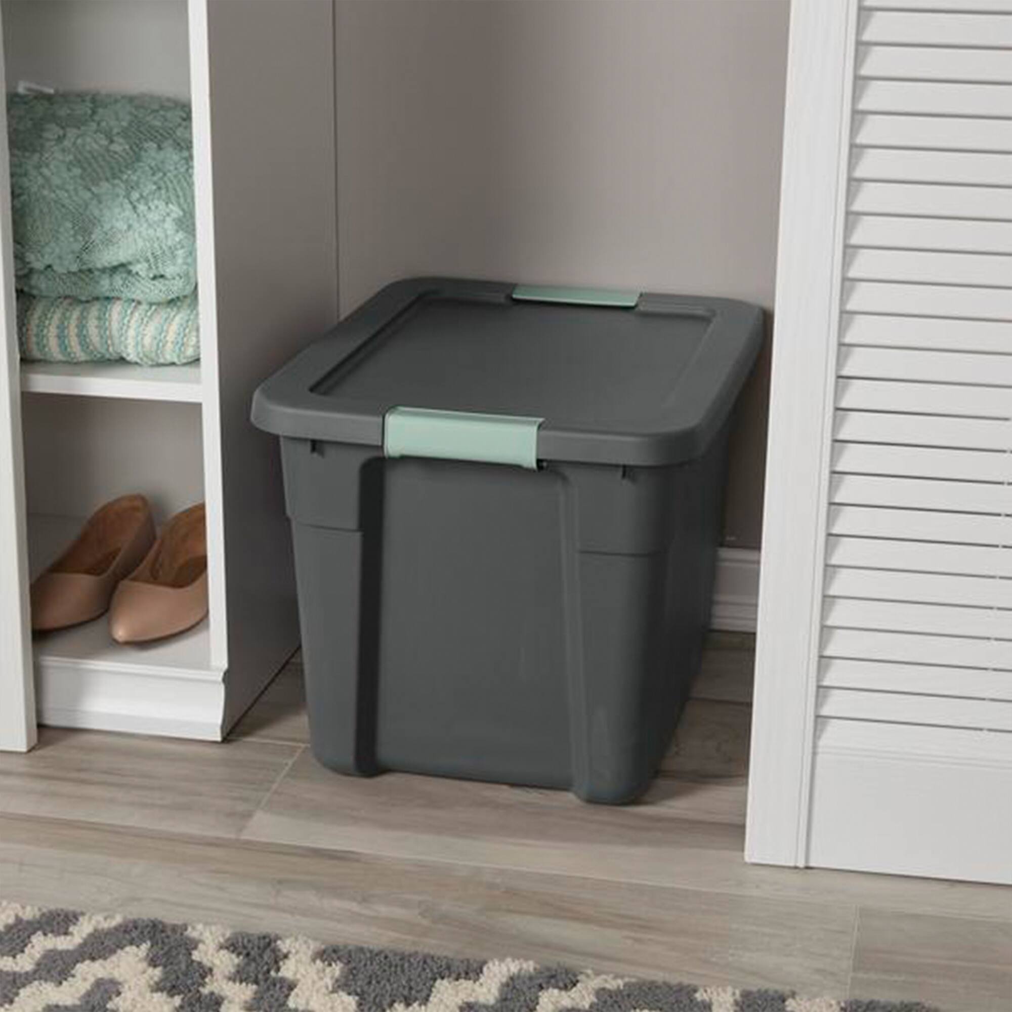 Alt View 4. Sterilite - Sterilite 12Pk Latch Tote, Stackable Plastic Storage Container, 12Gal,Gray/Green - FLAT GRAY W/ GRN RIVER LATCHES.