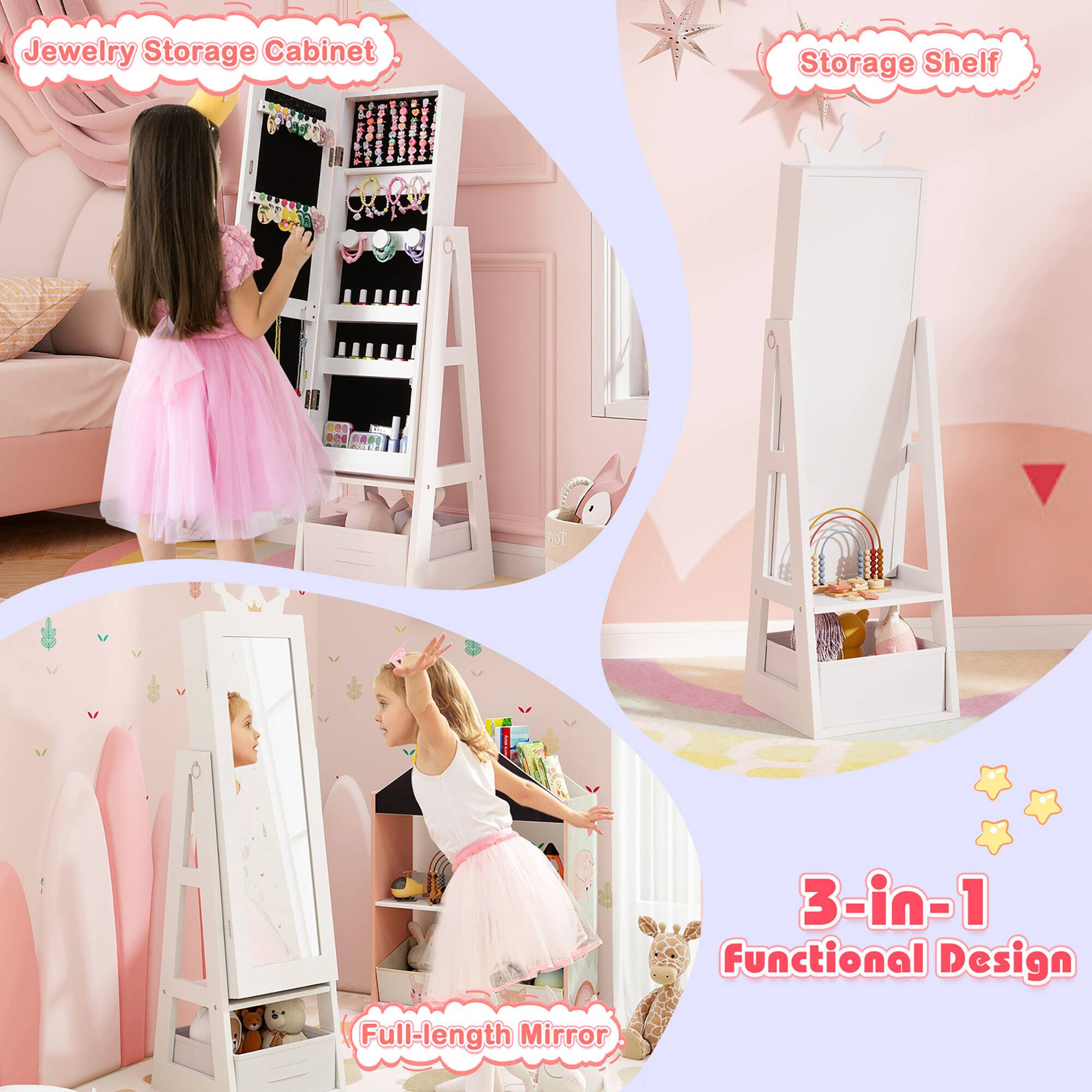 Jewelry Storage Cabinet  
Storage Shelf  
Full-length Mirror  
3-in-1 Functional Design