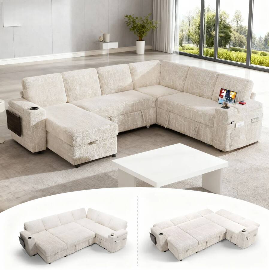 Dyonery - 110" Modular 7 Seat L Shaped Couch with Reclining Backrest|USB Ports|Cup Holders|Side Table|Storage Chaise Armrests - Beige