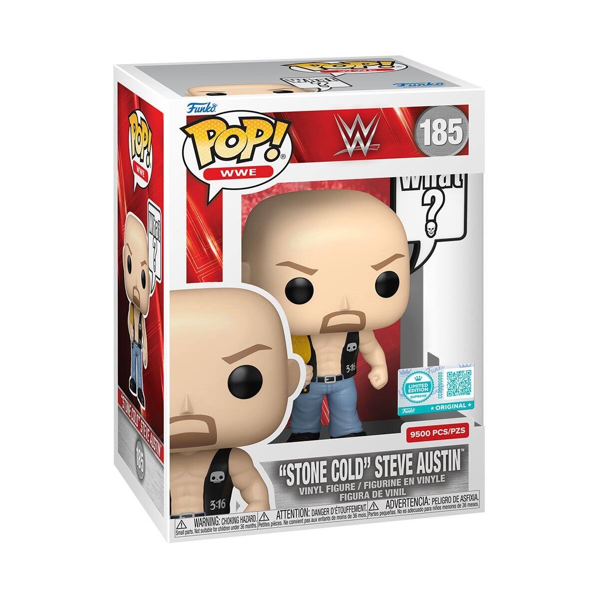 Sure, here is the corrected and grouped text from the image:

---

**Front of the Box:**

- **Top Left:**
  - "POP! VINYL"
  - "Funko"

- **Top Center:**
  - "POP! WWE"
  - "185"

- **Top Right:**
  - "WWE"

- **Center:**
  - "STONE COLD" STEVE AUSTIN
  - "VINYL FIGURE / FIGURINE EN VINYLE / FIGURA DE VINIL / FIGURA DE VINIL"

- **Bottom Center:**
  - "LIMITED EDITION"
  - "9500 PCS/PZS"

- **Bottom Left:**
  - "WARNING: CHOKING HAZARD - Small parts. Not for children under 3 years."
  - "ATTENTION: PELIGRO DE ASFIXIA - Pequeñas piezas. No es adecuado para niños menores de 3 años."
  - "ADVERTENCIA: RISQUE DE SOUFFOCATION - Petits pièces. Ne convient pas aux enfants de moins de 3 ans."

- **Bottom Right:**
  - "3:16