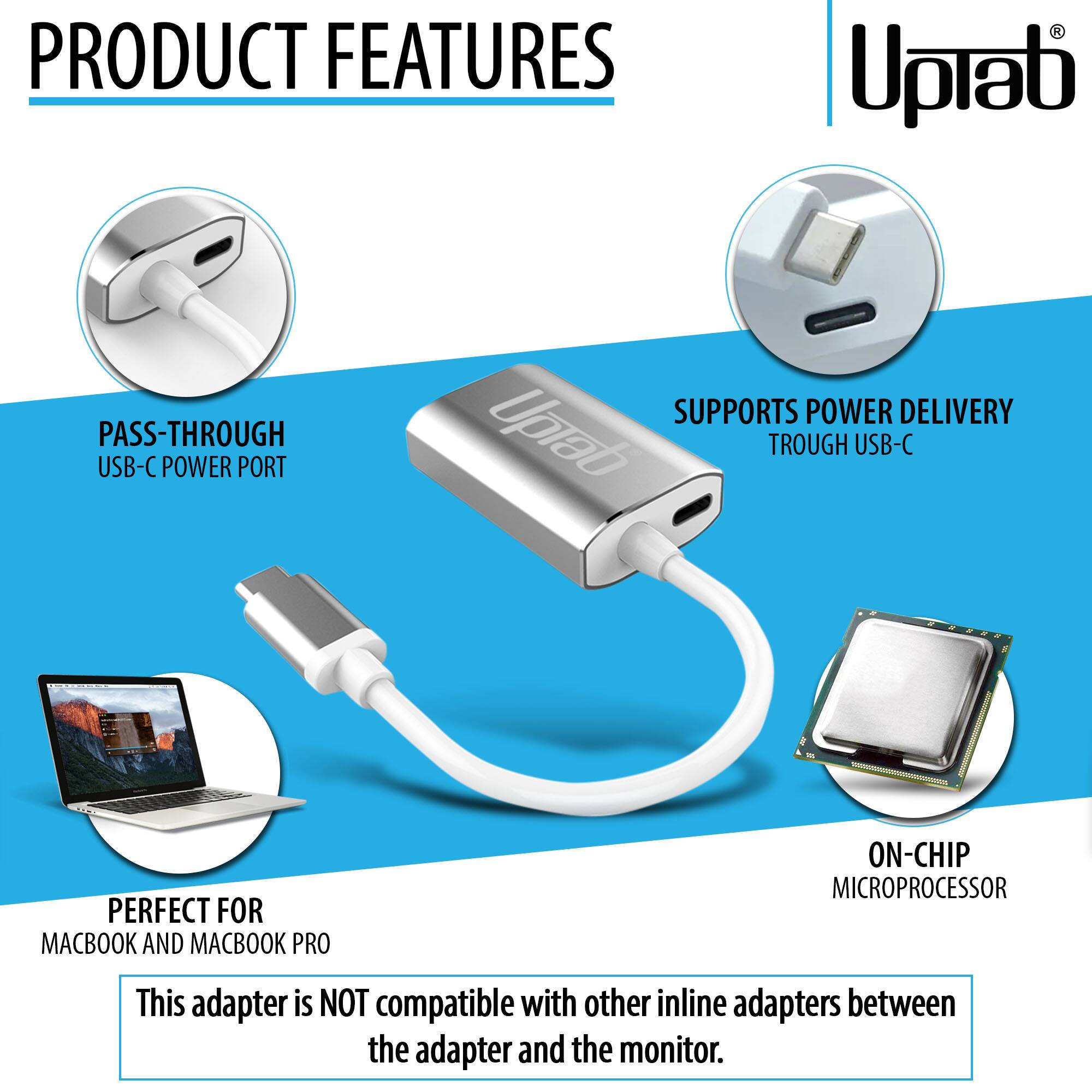 PRODUCT FEATURES

- PASS-THROUGH USB-C POWER PORT
- SUPPORTS POWER DELIVERY THROUGH USB-C
- PERFECT FOR MACBOOK AND MACBOOK PRO
- ON-CHIP MICROPROCESSOR

This adapter is NOT compatible with other inline adapters between the adapter and the monitor.