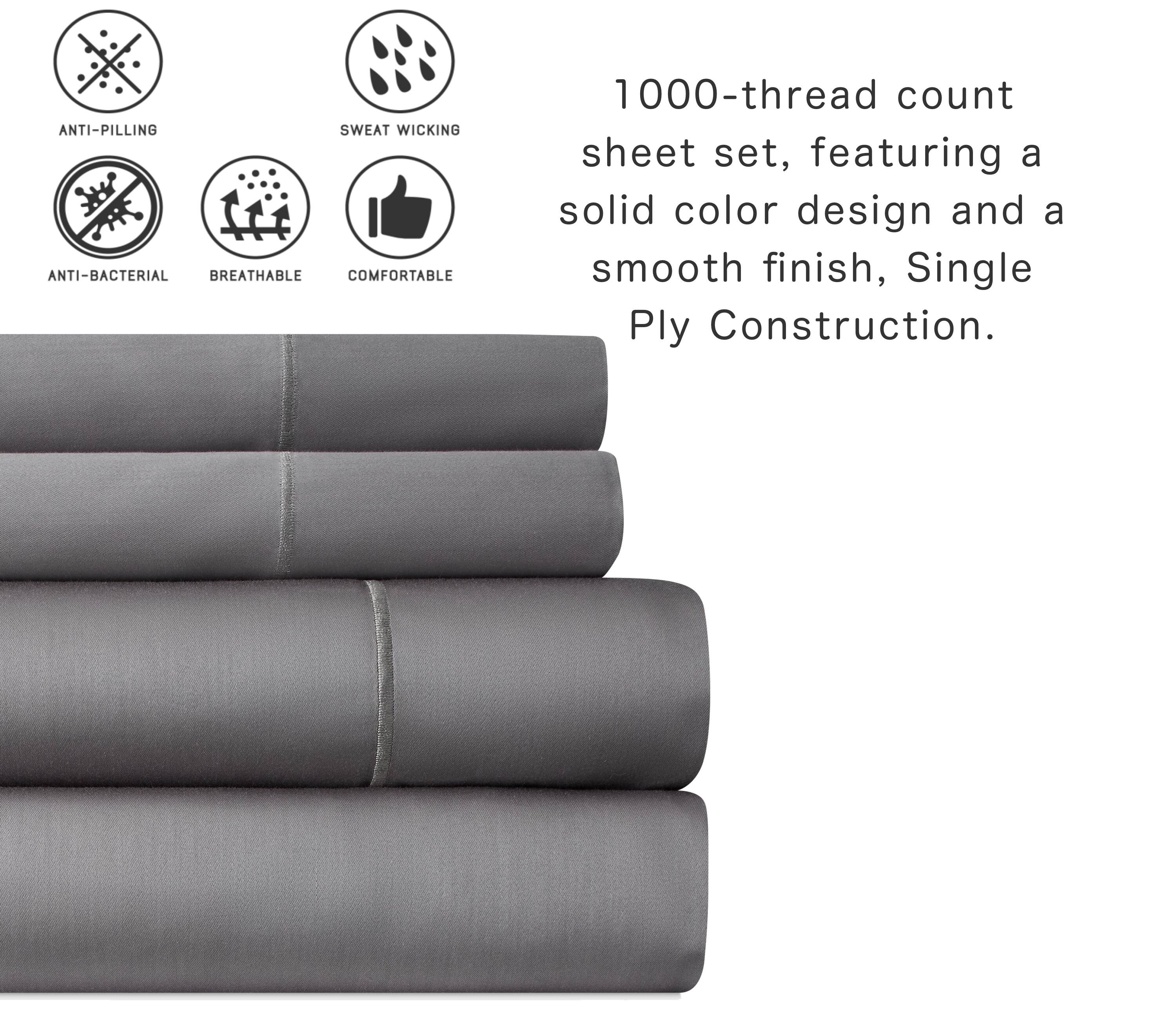 ANTI-PILLING, SWEAT WICKING, ANTI-BACTERIAL, BREATHABLE, COMFORTABLE, 1000-thread count sheet set, featuring a solid color design and a smooth finish, Single Ply Construction.