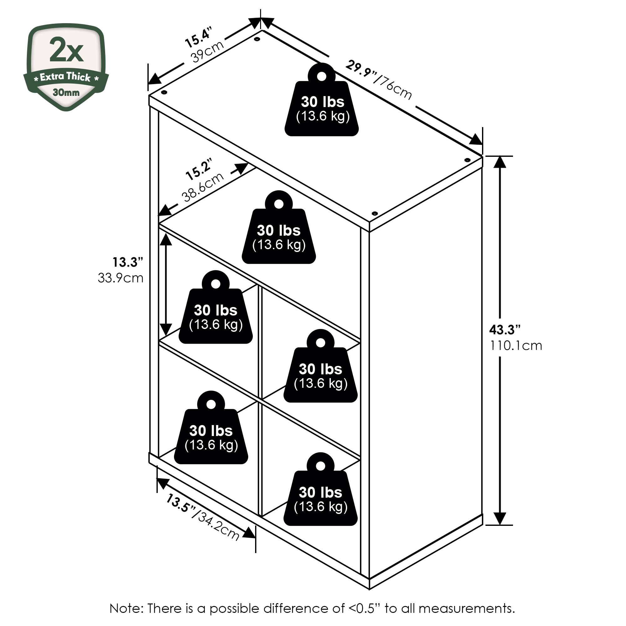 2x Extra Thick 30mm

- 15.4" (39cm)
- 15.2" (38.6cm)
- 13.3" (33.9cm)
- 13.5" (34.2cm)
- 29.9" (76cm)
- 43.3" (110.1cm)

30 lbs (13.6 kg) on each shelf

Note: There is a possible difference of <0.5" to all measurements.