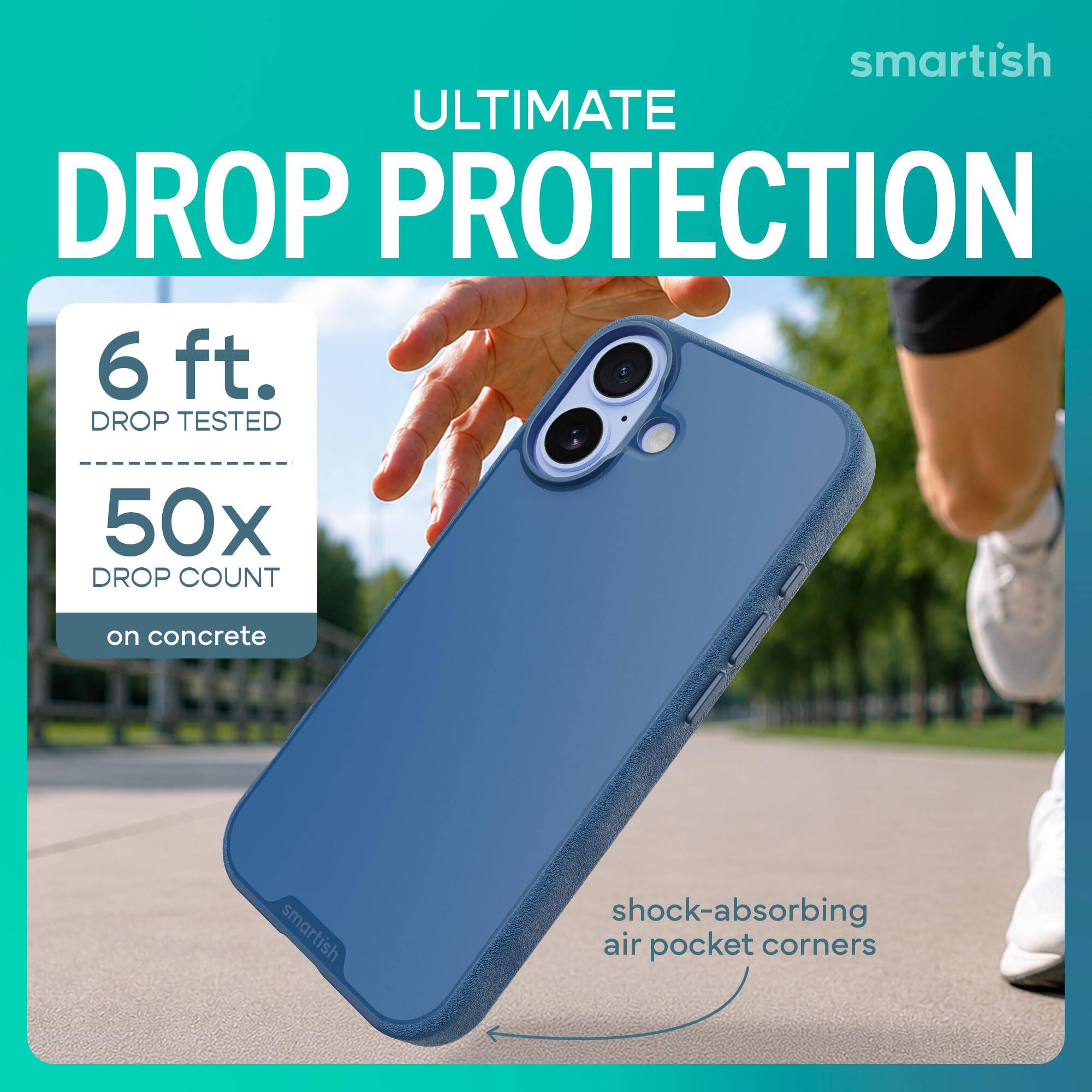 smartish ULTIMATE DROP PROTECTION  
6 ft. DROP TESTED  
50x DROP COUNT  
on concrete  
smartish  
shock-absorbing air pocket corners