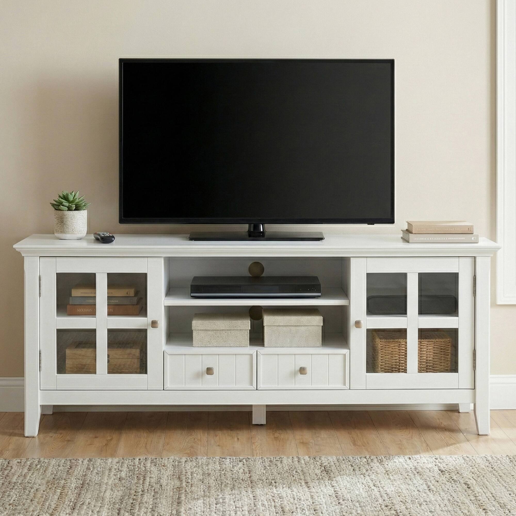 Angle. Simpli Home - Acadian 60W Low TV Stand with Drawers, Glass Doors and Shelves - White.