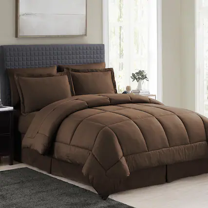 Front. Sweet Home Collection - 8 Piece Embossed Checkered Bed in a Bag All Season Complete Set with Sheets - Queen - Chocolate.