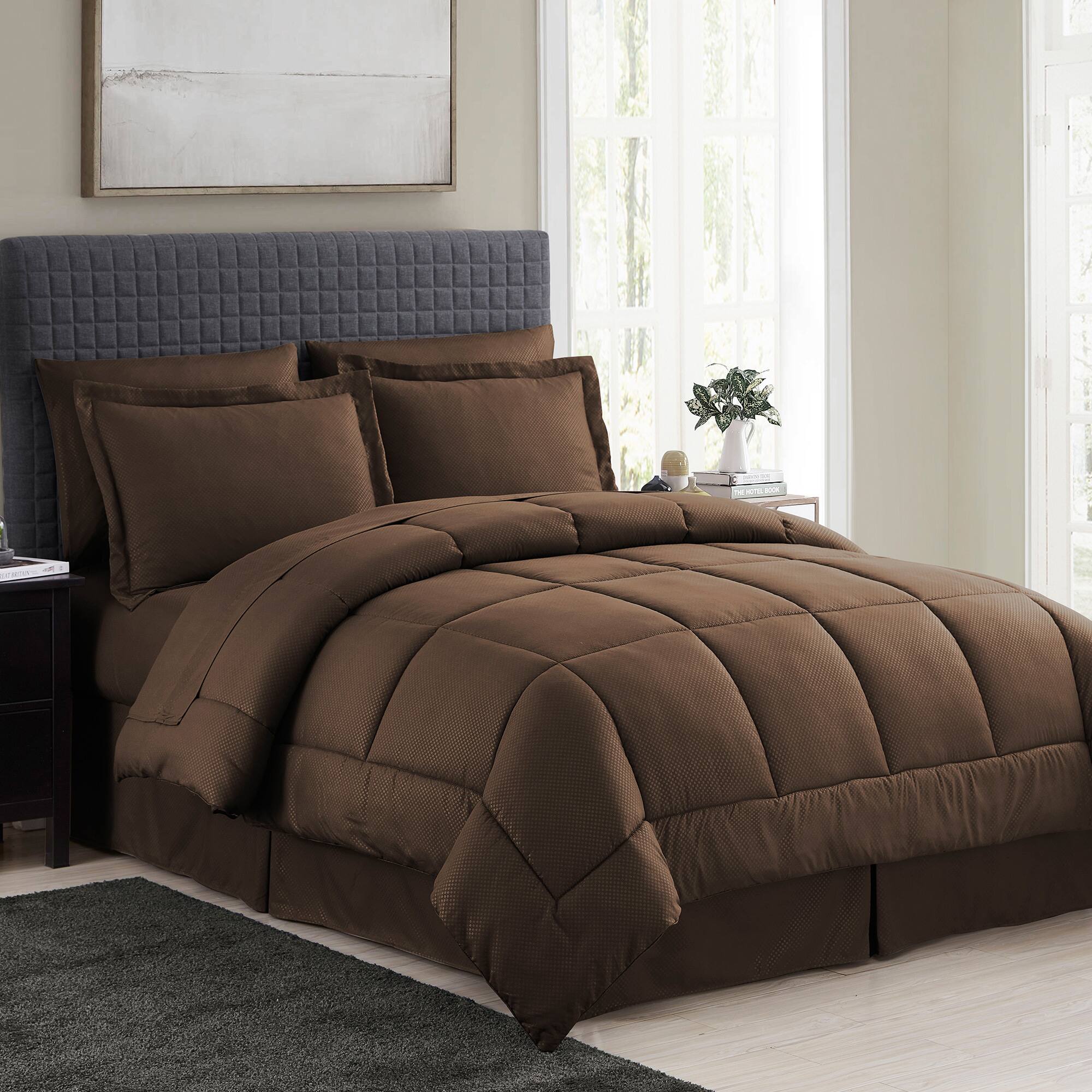 Sweet Home Collection - 8 Piece Embossed Checkered Bed in a Bag All Season Complete Set with Sheets - King - Chocolate