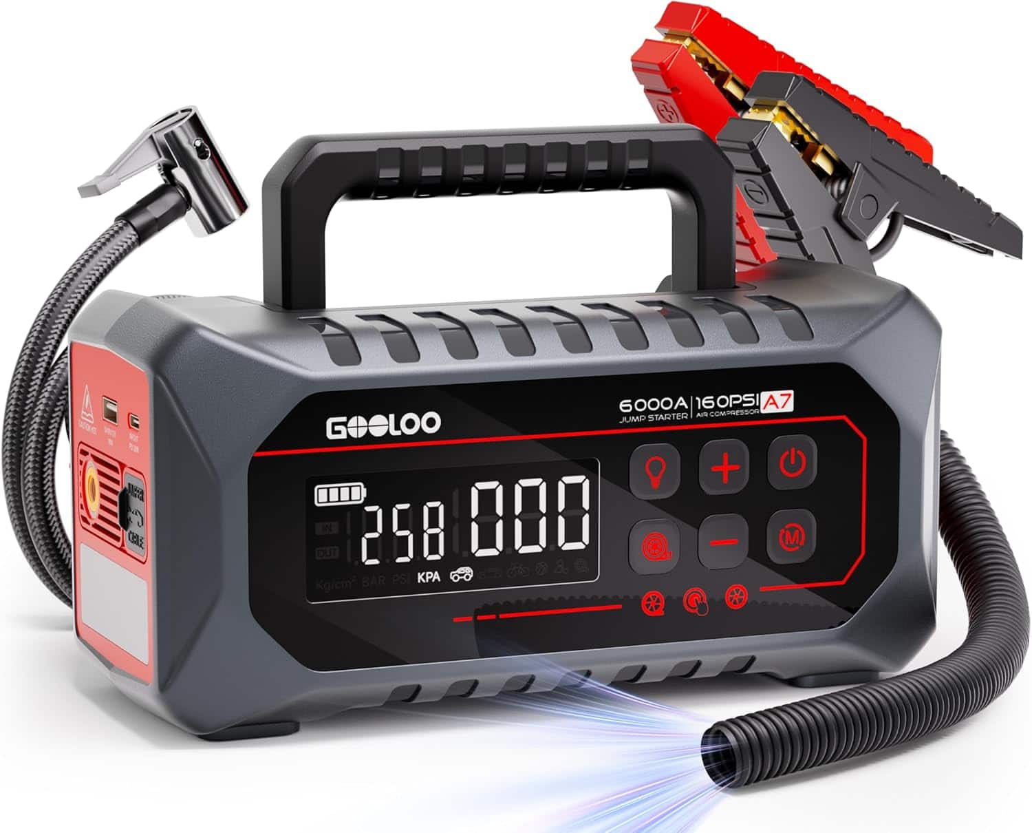 GOOLOO - A7 6000A Jump Starter with Air Compressor, 160 PSI 12V Booster for All Gas & Up to 10L Diesel Vehicles