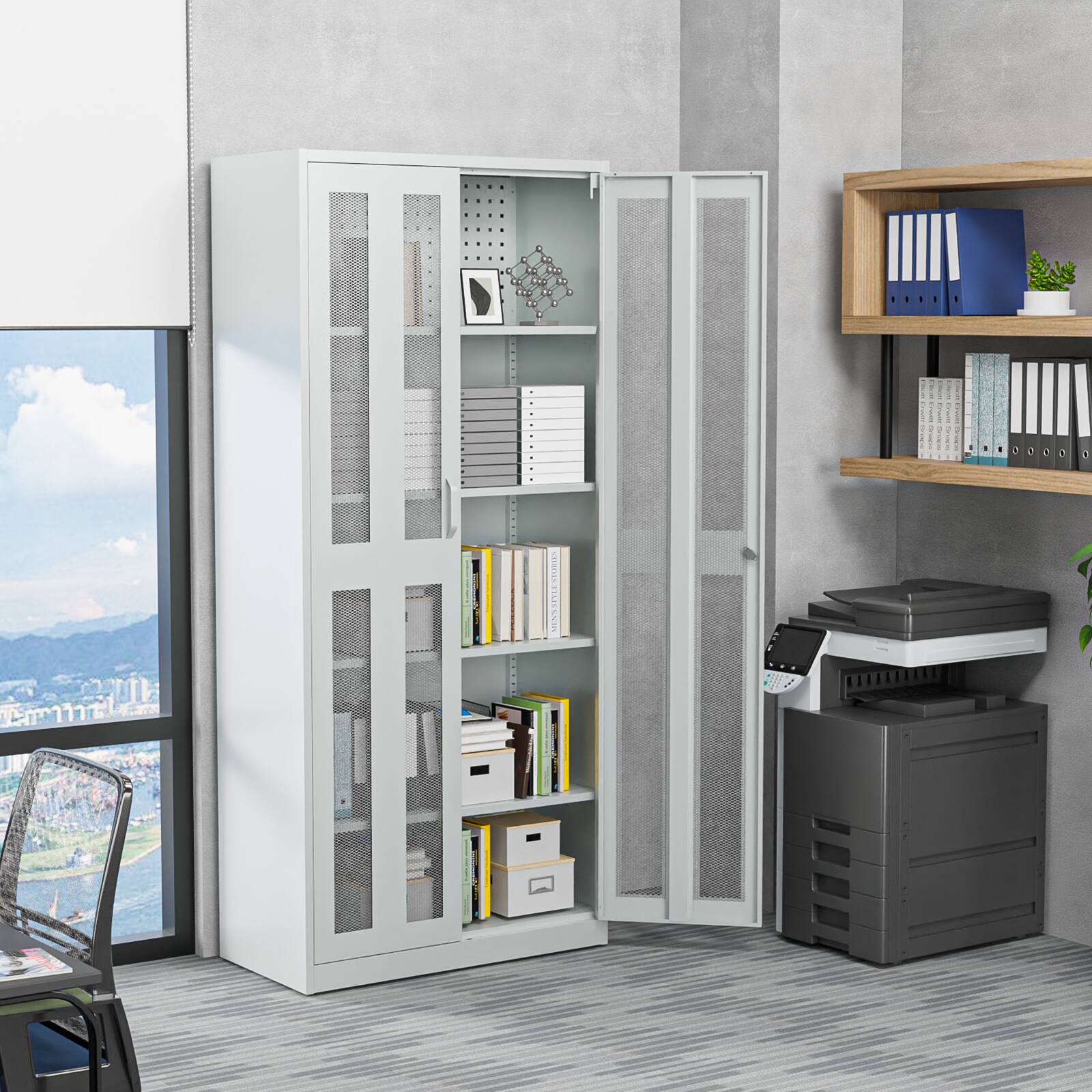 Alt View 7. Winado - Metal Storage Cabinet New Display Cabinet with Breathable Mesh Doors & Pegboards & Adjustable Shelves for Garage, Office - Grey.