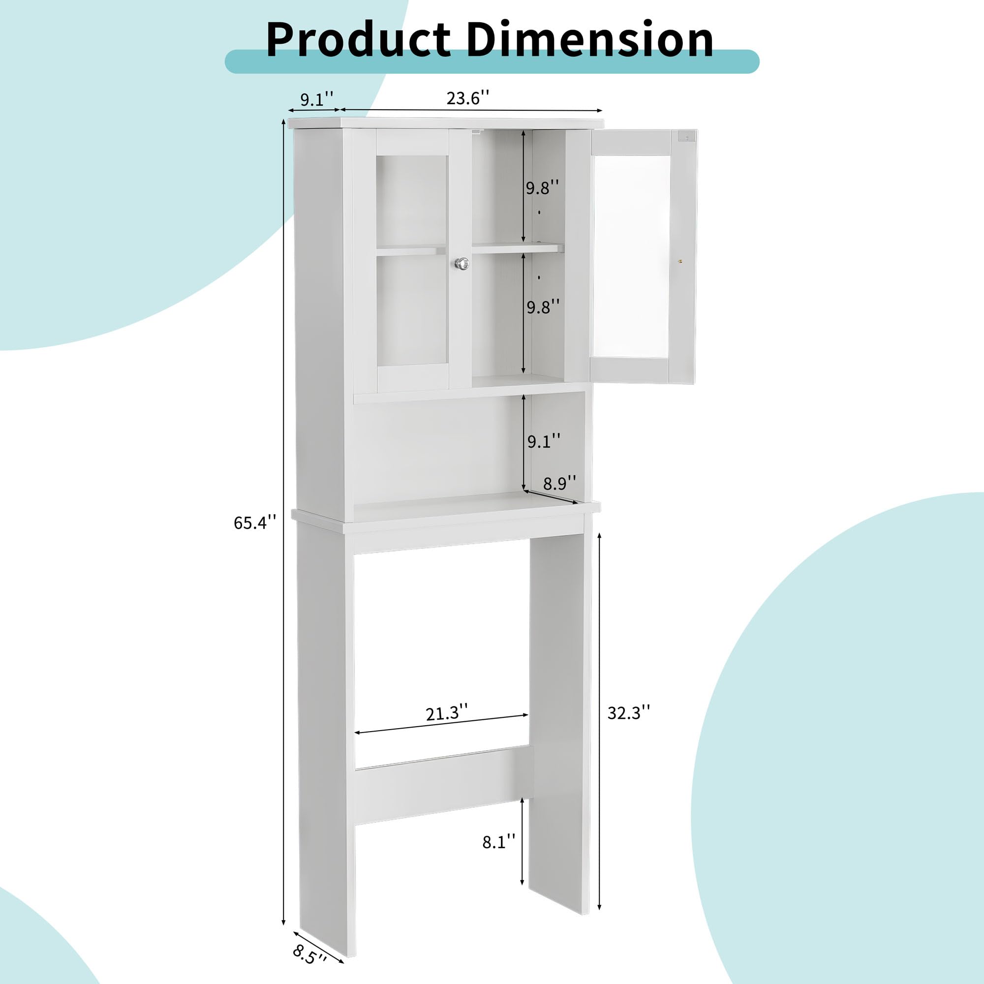 Product Dimension

- Width: 23.6"
- Depth: 9.1"
- Height: 65.4"
- Shelf 1: 9.8" (Height)
- Shelf 2: 9.8" (Height)
- Shelf 3: 9.1" (Height)
- Shelf 4: 8.9" (Height)
- Drawer: 8.5" (Height)
- Drawer Width: 21.3"
- Drawer Depth: 32.3"
- Drawer Height: 8.1"