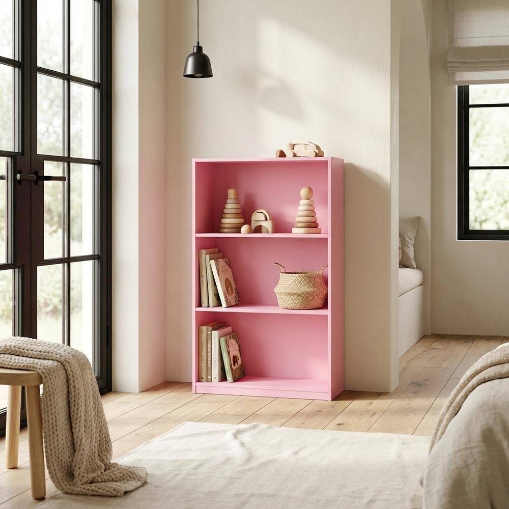 Left. FurniFact - Pink 3-Tier Bookcase with Multi-Level Storage and Sturdy Wood Construction - Pink.