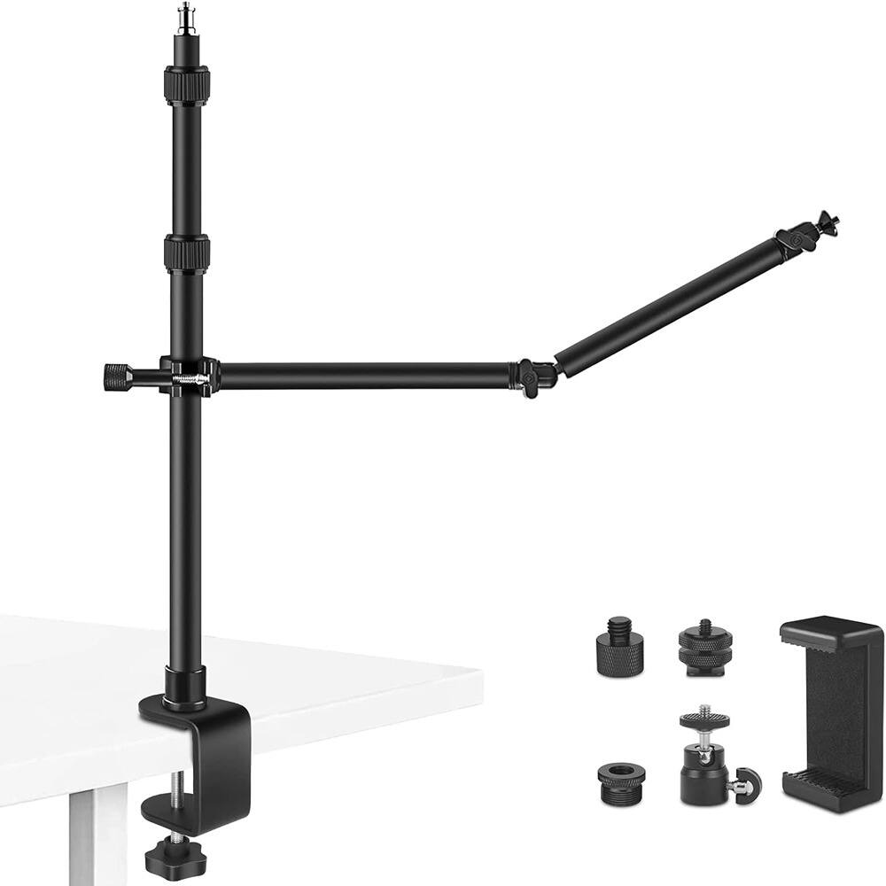 Front. Schertz - Desk Mount Stand with 27" Auxiliary Holding Arm, Detachable 2-Section Magic Arm Overhead Light Stand, Adjustable 16.7–40.