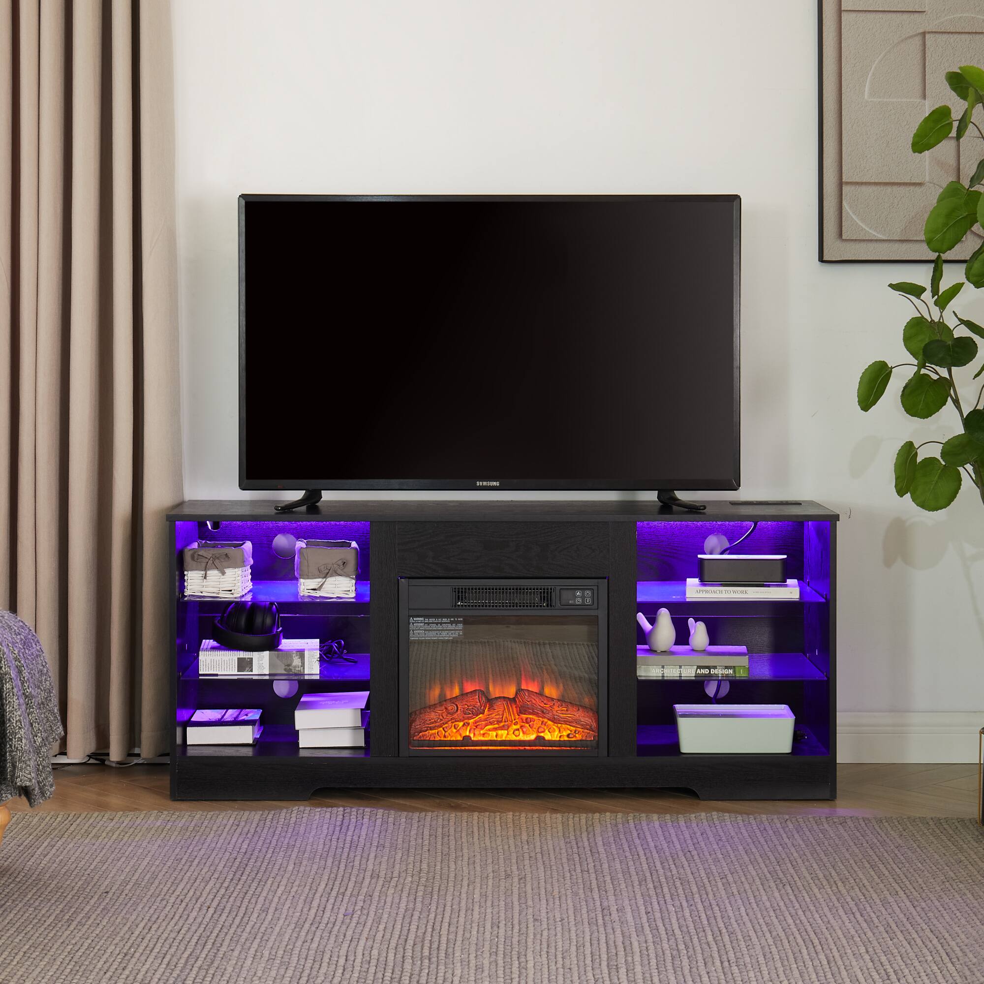 Alt View 8. GOODSILO - Electric Fireplace TV Stand with Adjustable Glass Shelves and LED Lighting for Televisions Up to 62 Inches - Black.