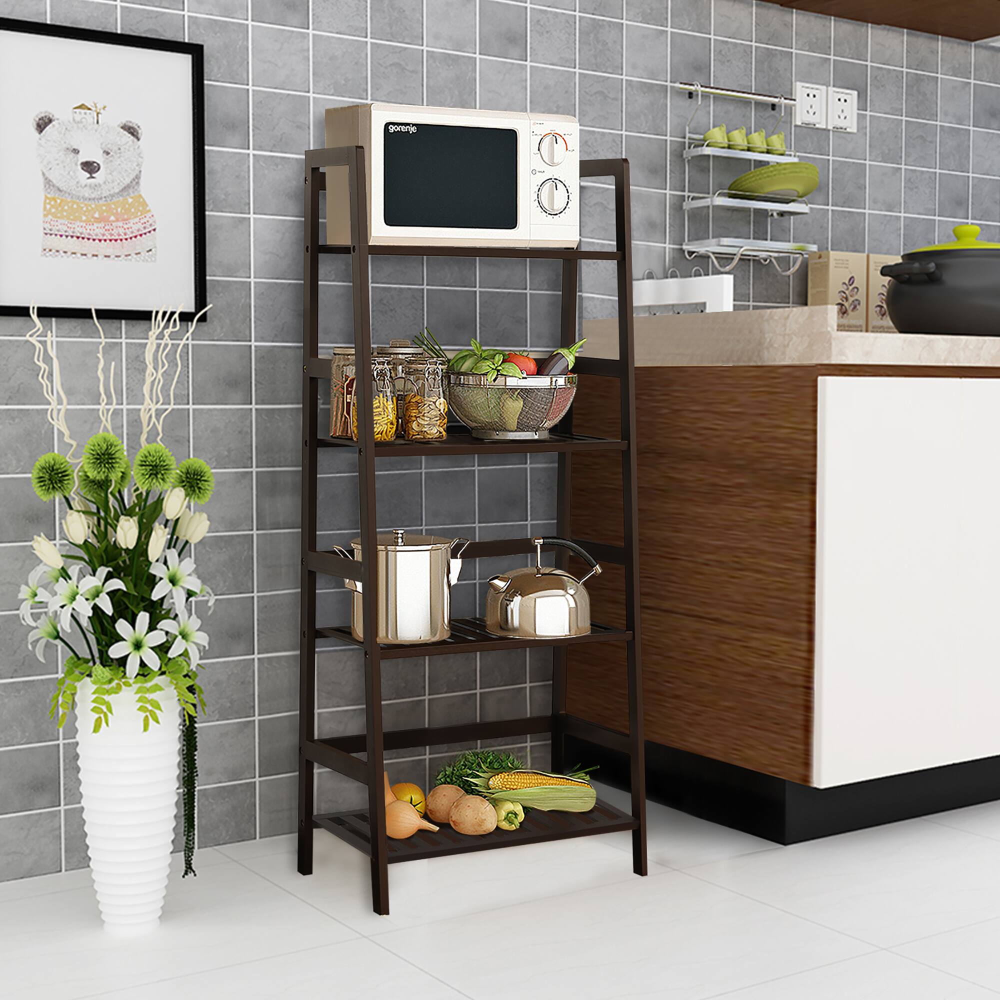 Alt View 4. Costway - 4-Tier Bamboo Ladder Shelf Plant Display Stand Rack Bookshelf - Dark Brown.