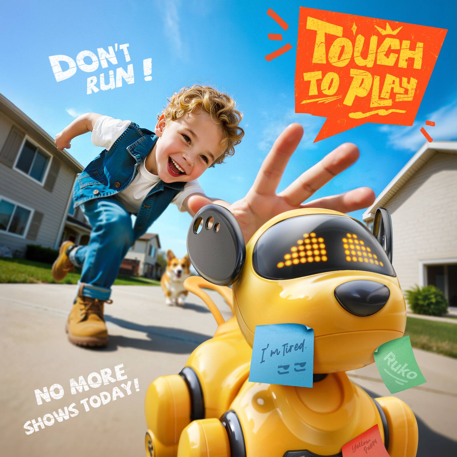 DON'T RUN!  
TOUCH TO PLAY  
NO MORE SHOWS TODAY!  
I'm Tired.  
Ruko Yellow Puppy