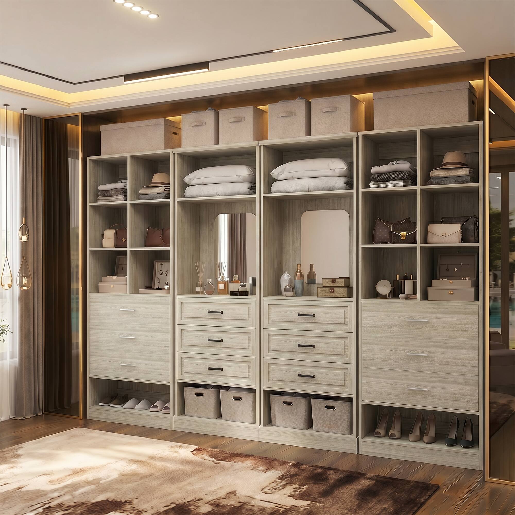 Alt View 3. Aheaplus - 56'' - 120'' Wide Adjustable Closet System with Corner, Closet Storage System with 3 Drawers and 6 Hanging Rods - Beige Oak.
