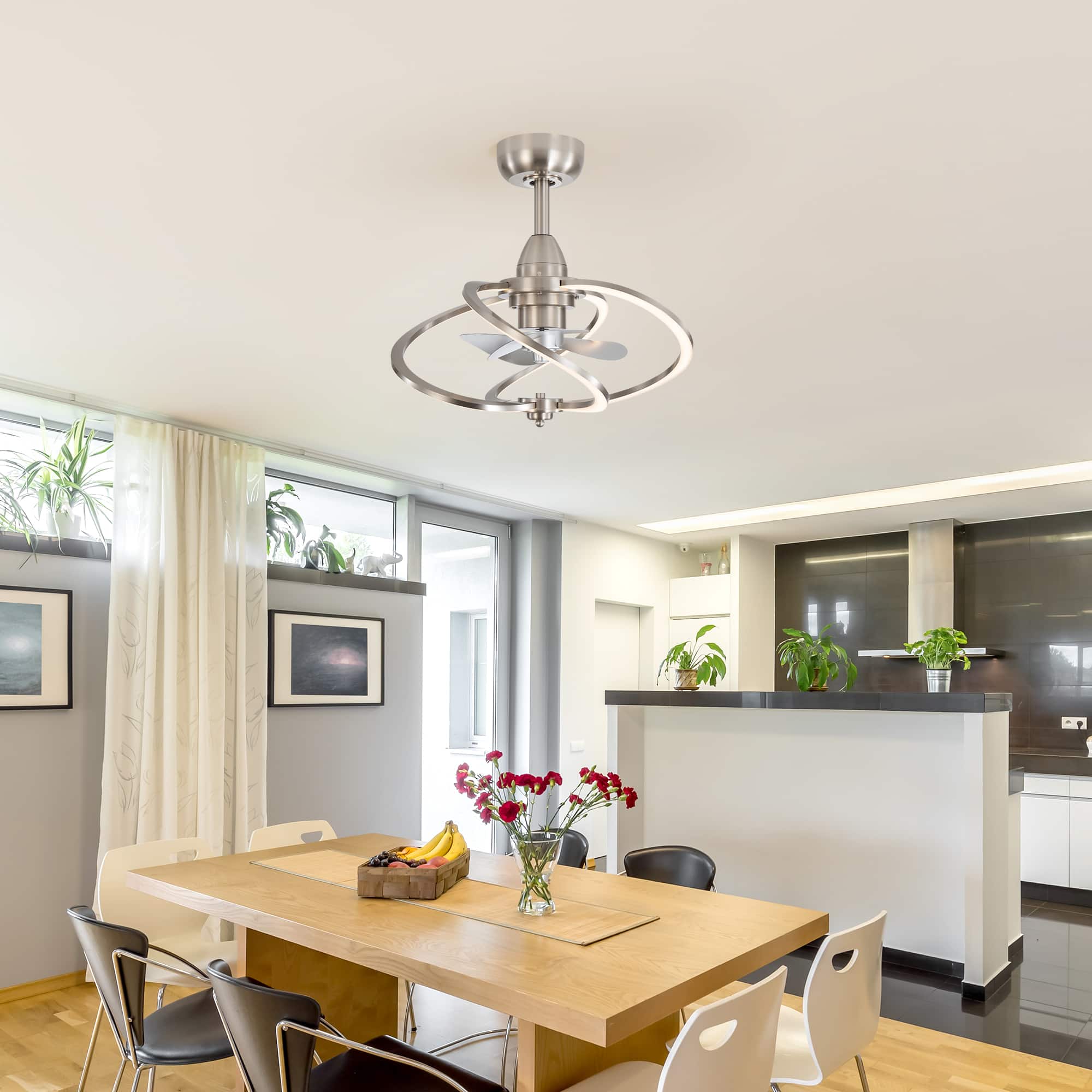 Alt View 3. Breezary - 20-Inch Indoor Gyro Cage Ceiling Fan with Light Kit, 3 ABS Blades, DC Motor, 6-Speed Remote Control, Timer, 6-In Downrod - Satin Nickel and Silver.