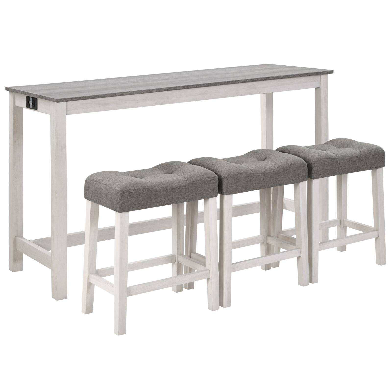 Alt View 7. Loheer - Loheer Bar Table Set with Three Stools and Power Outlet, White and Grey, 59 Inch Rectangular Table - White and Grey.