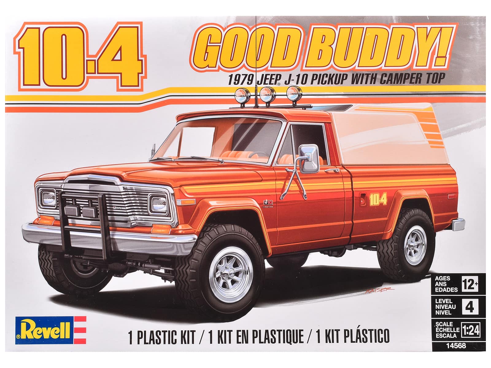 Level 4 Model Kit 1979 Jeep J-10 Pickup Truck with Camper Top 1/24 Scale Model by Revell - Orange