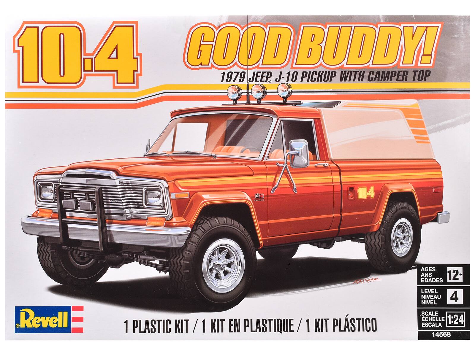 104 GOOD BUDDY!  
1979 JEEP J-10 PICKUP WITH CAMPER TOP  

104 Revell  
SER 1 PLASTIC KIT / 1 KIT EN PLASTIQUE / 1 KIT PLÁSTICO  
AGES 12+ EDAD 12+  
LEVEL 4 NIVEL 4  
SCALE 1:24 ESCALA 1:24  
14568