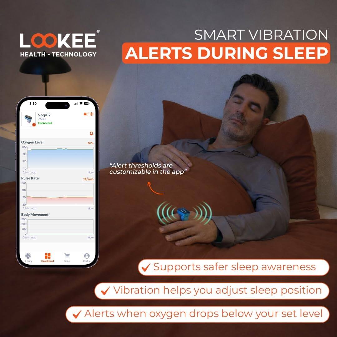 LOOKEE HEALTH - TECHNOLOGY

SMART VIBRATION ALERTS DURING SLEEP

SleepO2 7530 Connected

Oxygen Level
97%

Pulse Rate
150 74/min

Body Movement
300 200 100

"Alert thresholds are customizable in the app"

- Supports safer sleep awareness
- Vibration helps you adjust sleep position
- Alerts when oxygen drops below your set level
