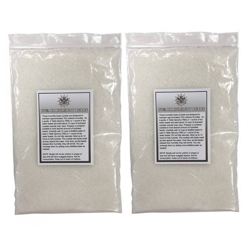70% RH HUMIDITY BEADS

These humidity bead crystals are designed to maintain approximately 70% relative humidity. As a guide, 2 Tablespoons (TBS) or 1 ounce of dry crystals will yield about 12 cups of hydrated water beads. The crystal results may vary. Prepare a container suitable to hold desired amount of hydrated beads. Carefully add 12 cups of distilled water to each 2 Tablespoons (TBS) or 1 ounce of dry beads. Do not measure, just add up to 12 each. Allow 12 hours to fully hydrate. The crystals will slowly swell as they absorb the water. Over time, the beads will shrink when they lose their humidity. They will dilute and can recharge them by adding more distilled water as needed.

NOTE: Beads will not be uniform in shape or size and will have a jagged texture. Not for consumption. Keep out of reach of children.