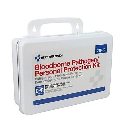 216-0 FIRST AID ONLY  
Bloodborne Pathogen/ Personal Protection Kit  
Botiquín para Protección Personal/ Ente para Protección de Origen Sangíneo  
Meets federal OSHA regulation 29CFR1910.1030  
Includes CPR Pack  
CPR  
20CFR1910.151(c)  
29CFR1910.132(d)(1)(i)