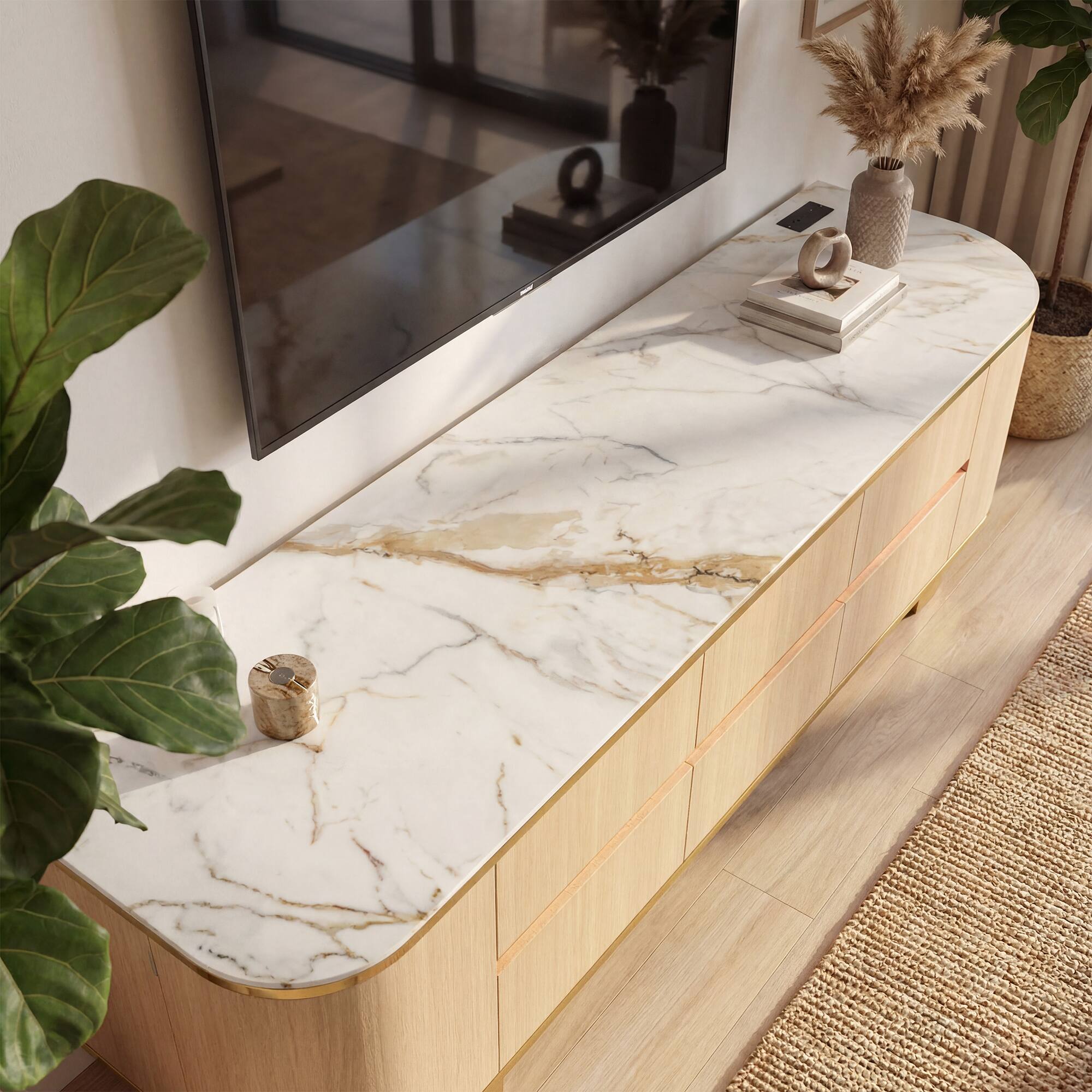 Alt View 2. Famapy - Luxury TV Stand with Smart LED Lights & Power Outlets, 82.7" Marble Top Media Console for Living Room - Walnut.