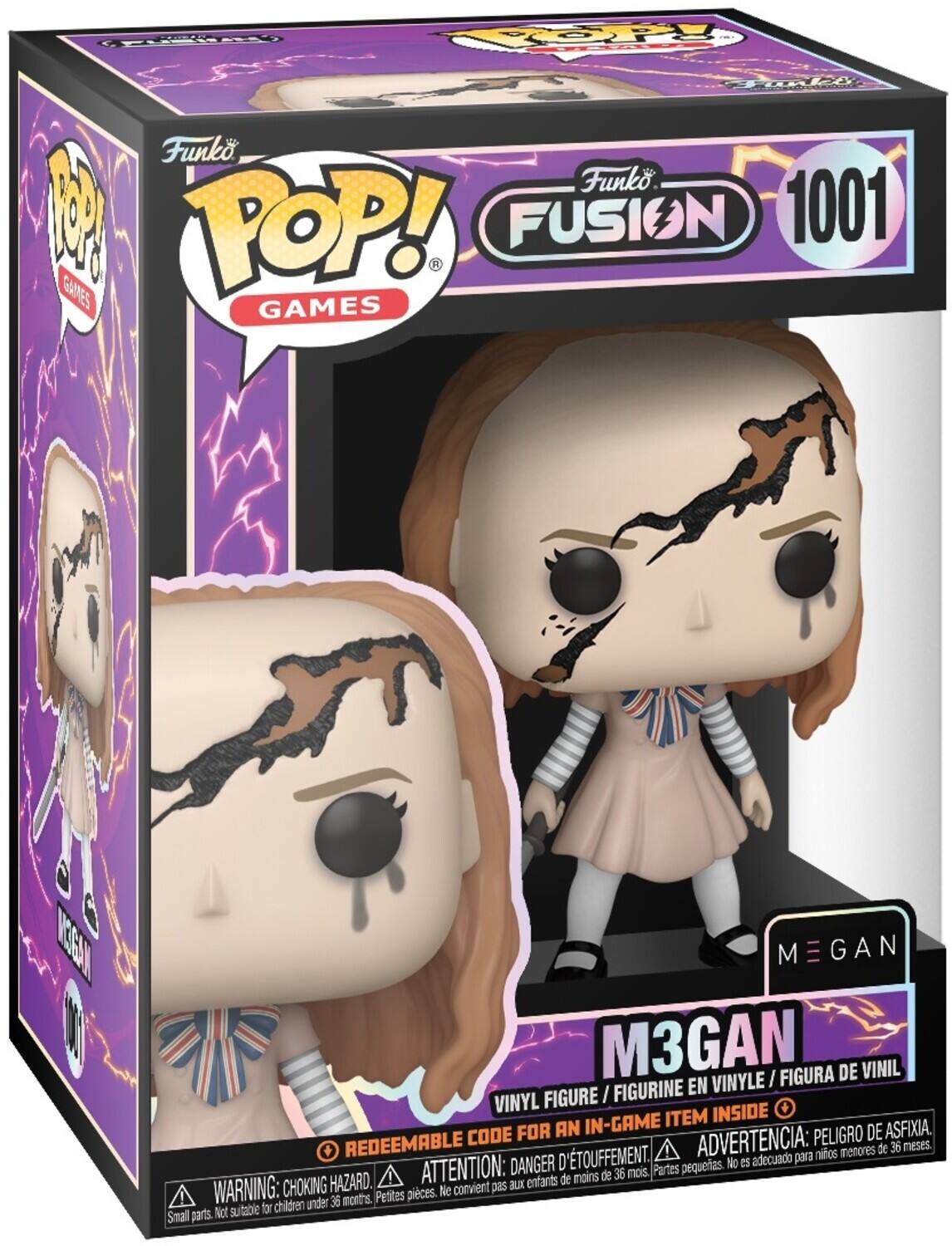 FPLEHEL TOA FOnEr Funko Funk 1 POP! FUSION 1001 GAMES G M GAN M3GAN I FIGURA DE VINIL FIGURINE EN VINYLE VINYL FIGURE I IN-GAME ITEM INSIDE CODE FOR AN PELIGRO DE ASFIXIA. REDEEMABLE D'TOUFFEMENT, ADVERTENCIA: para ninos menores de 36 meses DANGER pequeas. No es adecuado HAZARD. ATTENTION: BLK entants de moins de 36 mois. Partes WARNING: CHOKING Petites pieces. Ne convient pas children under 36 months. Not sutable fr Small parts.