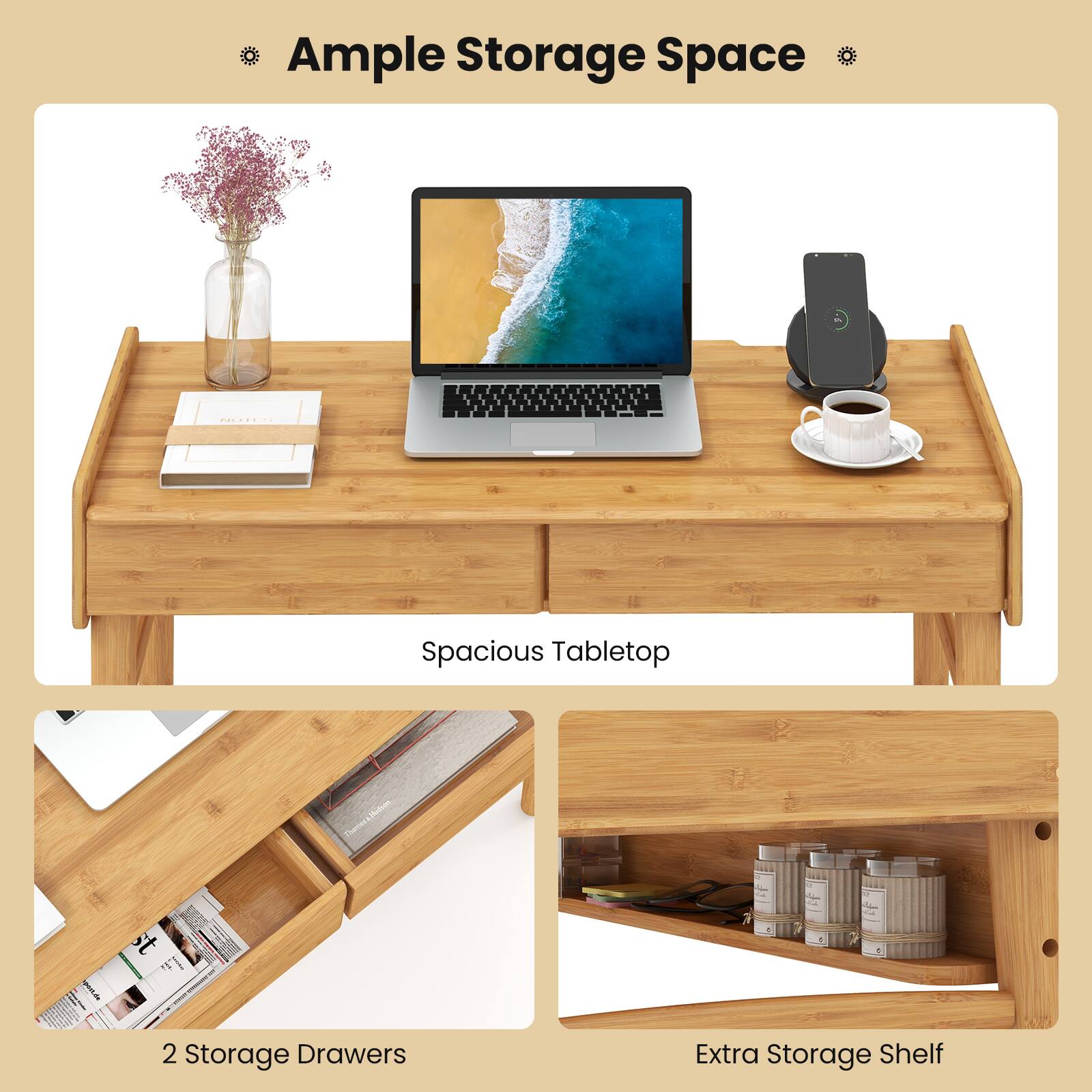 Ample Storage Space | Spacious Tabletop | 2 Storage Drawers | Extra Storage Shelf