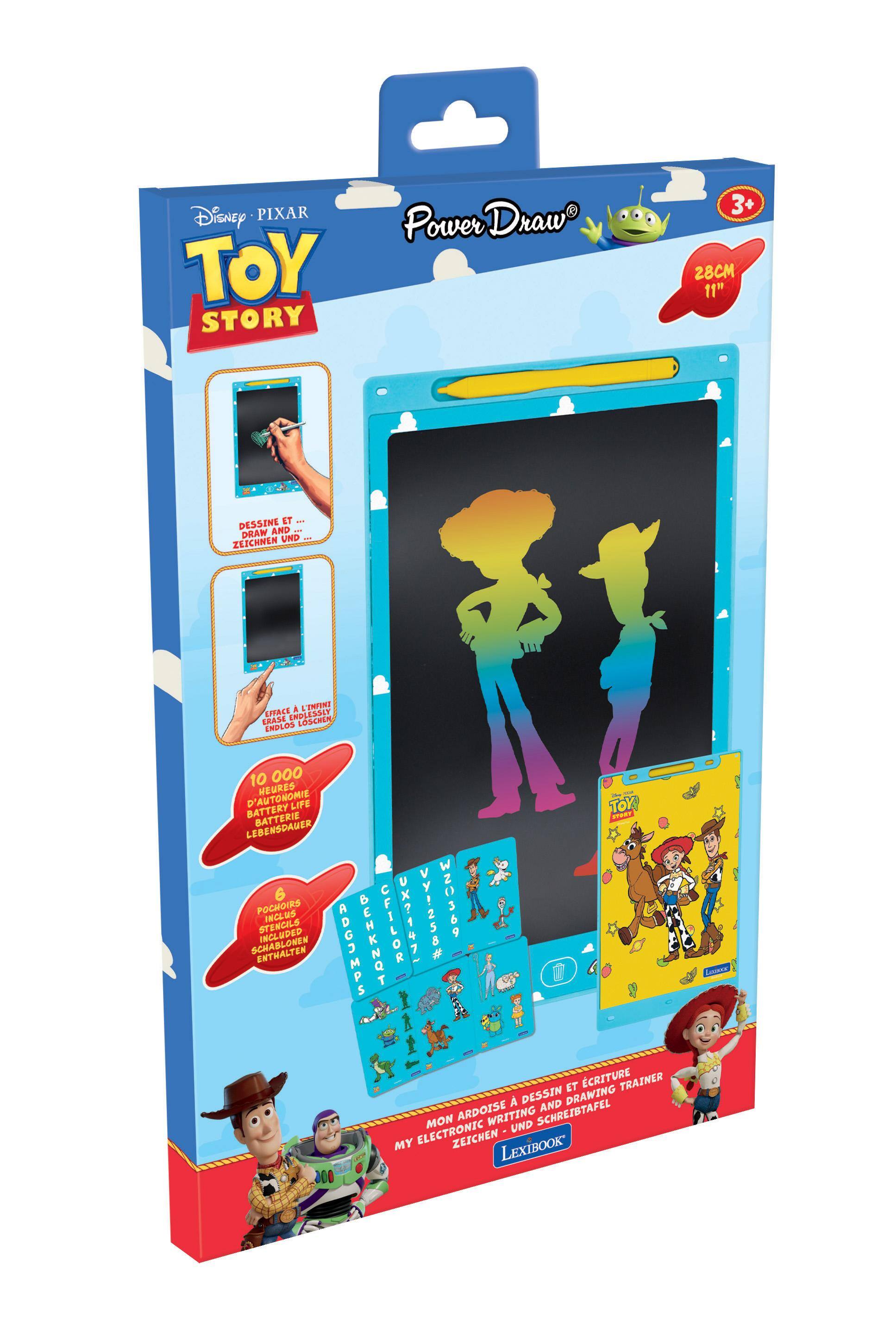 Disney PIXAR Power Draw TOY STORY  
3+ 28CM 11"  
DESSINE ET DRAW AND ZEICHNEN UND - A L'INFINE EFFACE ENDLESSLY CRASE LOSCHEN ENDLOS  
10 000 HEURES D'AUTONOMIE LIFE TOY BATTERY BATTERIE STORT LEBENSDAUER 6 W20369 POCHOIRS Vy!258 INCLUS CFILOR UX?1471 STENCILS INCLUDED BEHKNQT SCHABLONEN ENTHALTEN ADGUMPS ET CRITURE TRAINER  
DESSIN AND DRAWING MON ARDOISE WRITING SCHREIBTAFEL ELECTRONIC UND MY ZEICHEN LEXIBOOK