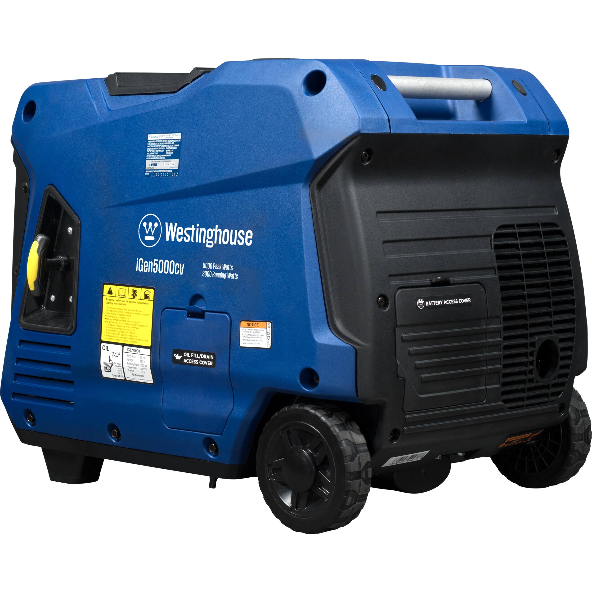 Westinghouse iGen5000cv  
5000 Peak Watts  
3800 Running Watts  

OIL FILL/DRAIN ACCESS COVER