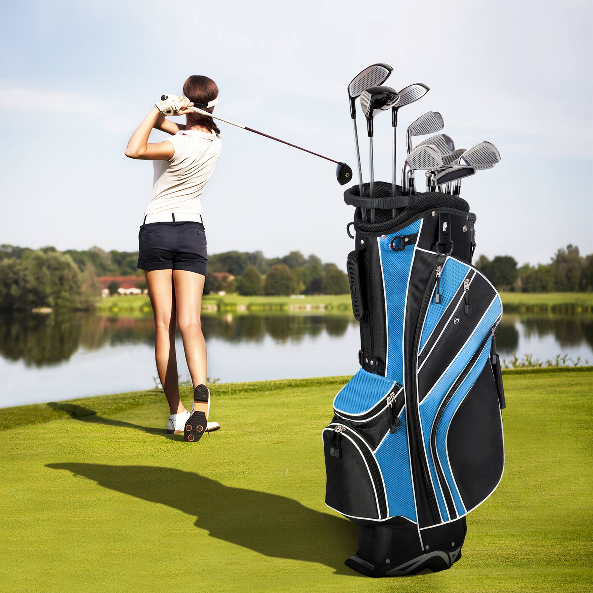 Alt View 4. Gymax - Gymax Golf Stand Bag 6 Way Divider Golf Carry Bag w/ Straps & 7 Storage Pockets Blue - Blue.