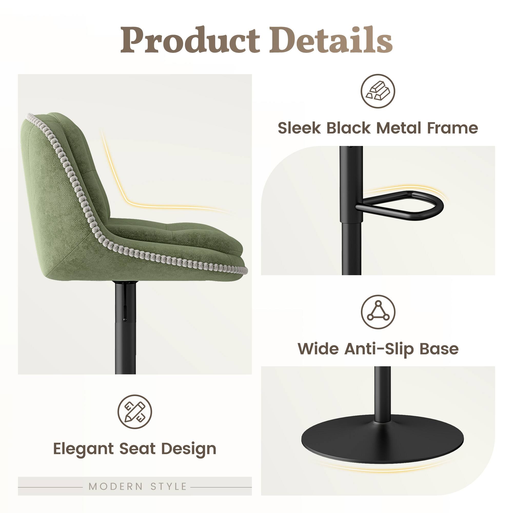Product Details

- Sleek Black Metal Frame
- Wide Anti-Slip Base
- Elegant Seat Design

MODERN STYLE