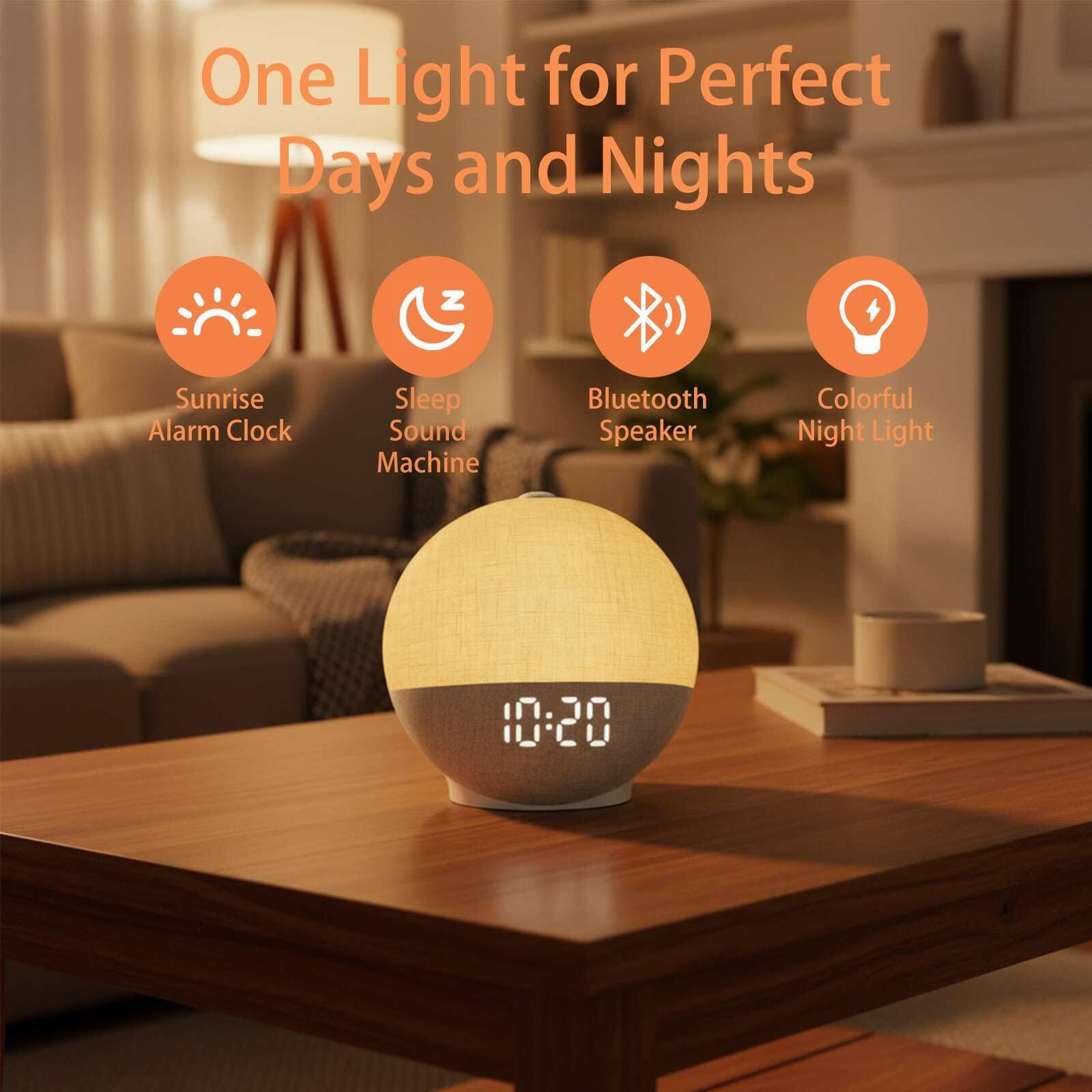 One Light for Perfect Days and Nights

- Sunrise Alarm Clock
- Sleep Sound Machine
- Bluetooth Speaker
- Colorful Night Light

10:20