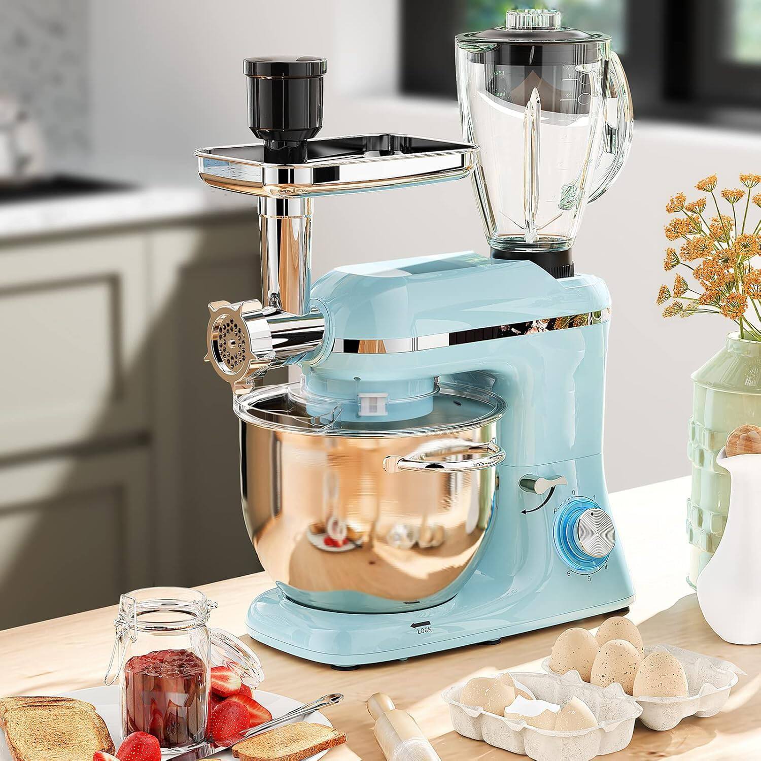 Alt View 2. GlowWise - 9-in-1 Stand Mixer: The Ultimate Kitchen Powerhouse with 850W Motor, 8QT Bowl, Meat Grinder & Glass Jar - Blue.