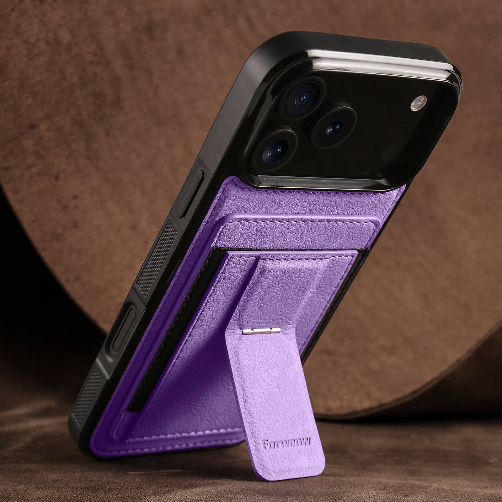 Angle. Dteck - Slim Card Holder Case for Apple iPhone 17 Pro, Shockproof Wallet Protective Cover with Kickstand - Purple.