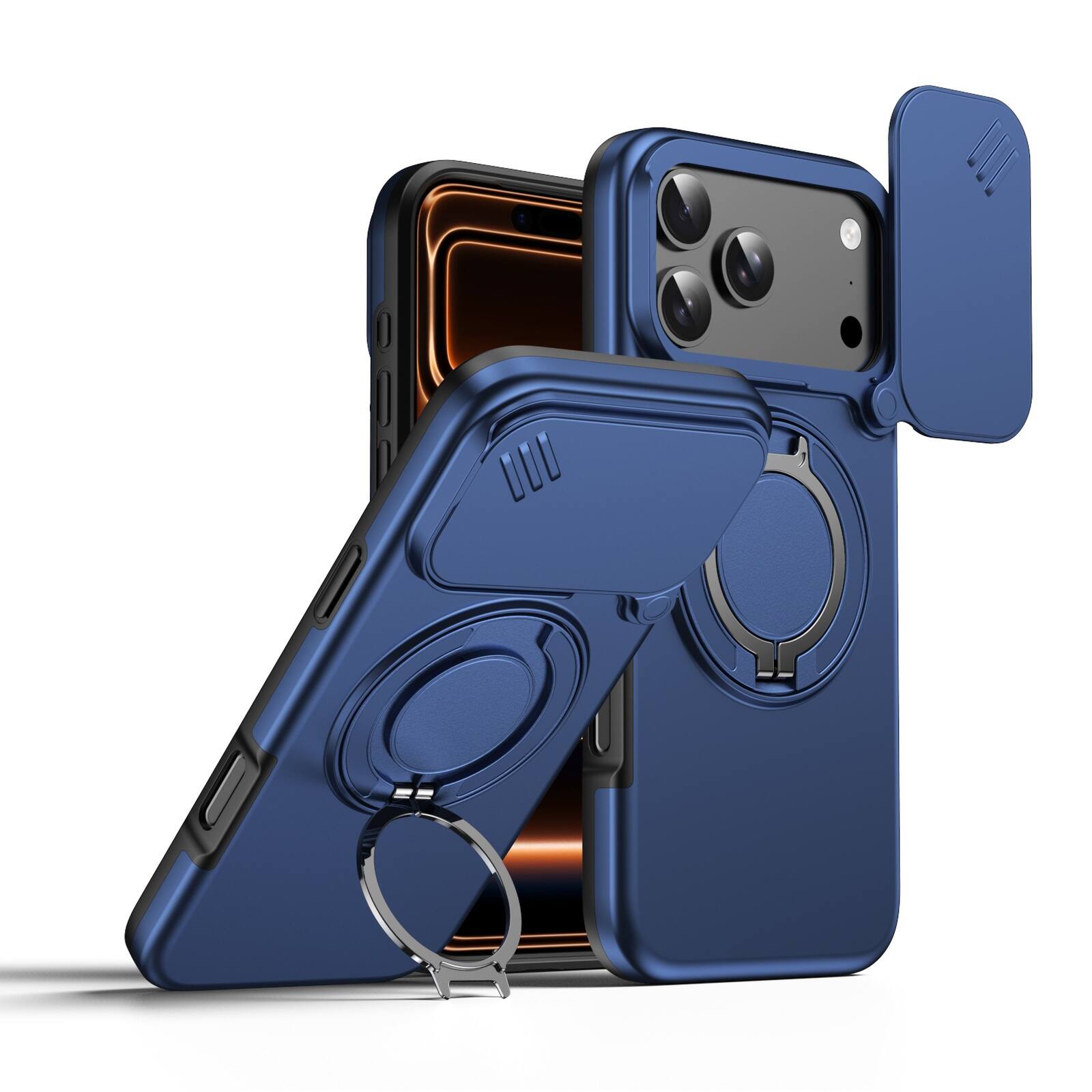 Dteck - Heavy Duty Case for Apple iPhone 17 Pro Max with Foldable Ring Stand,Bulit in Slide Camera Cover,Fit Magnetic Car Mount - Blue
