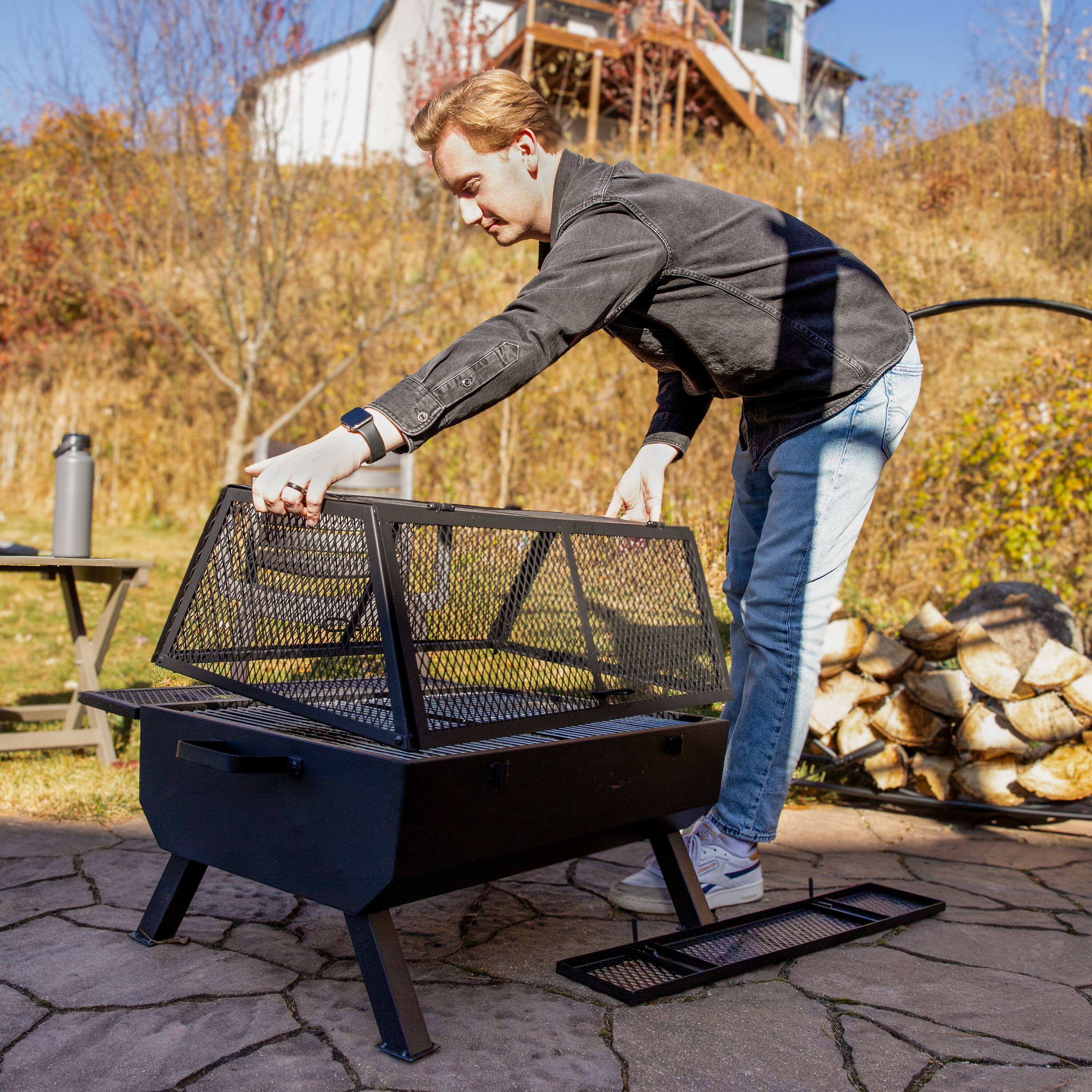 Alt View 10. Sunnydaze - Steel Grilling Fire Pit with Cooking Grate and Spark Screen - Black.