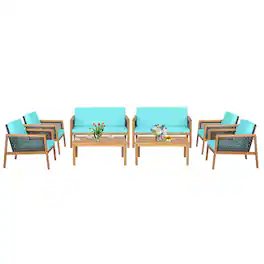 Costway - 8PCS Patio Rattan Furniture Set Acacia Wood Cushioned Sofa - Mix Brown,Turquoise